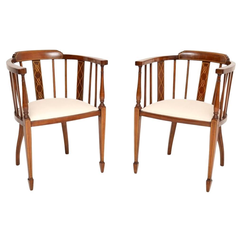 Pair of Antique Edwardian Inlaid Walnut Armchairs