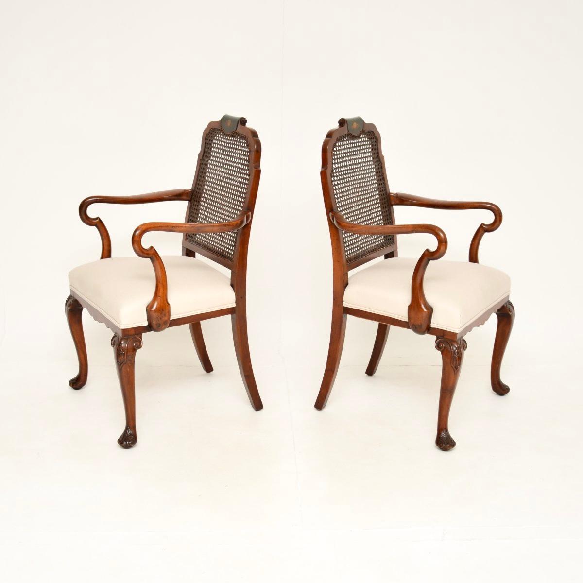 Pair of Antique Edwardian Lacquered Walnut and Cane Armchairs (Britisch) im Angebot