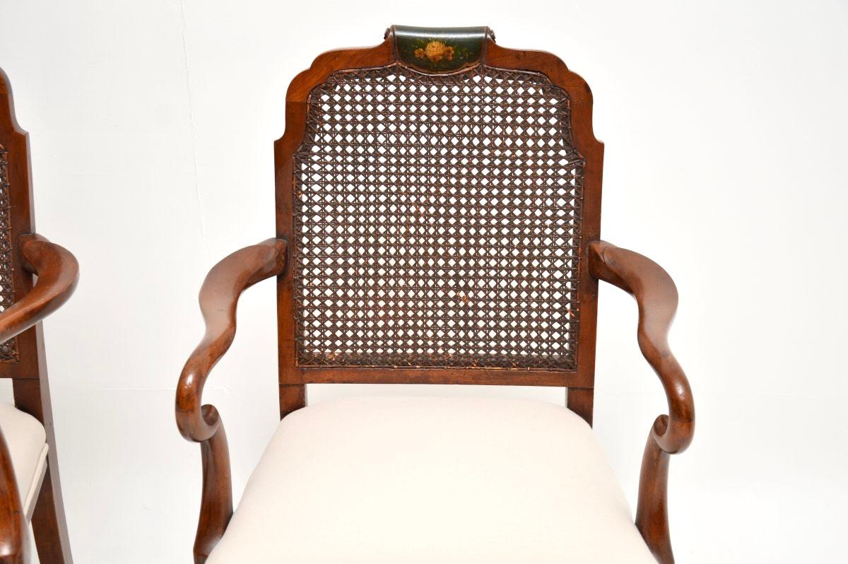 Pair of Antique Edwardian Lacquered Walnut and Cane Armchairs (Baumwolle) im Angebot