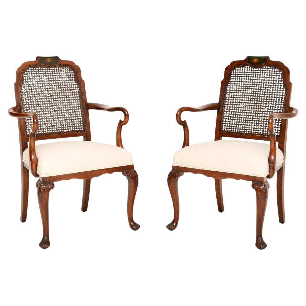 Pair of Antique Edwardian Lacquered Walnut and Cane Armchairs