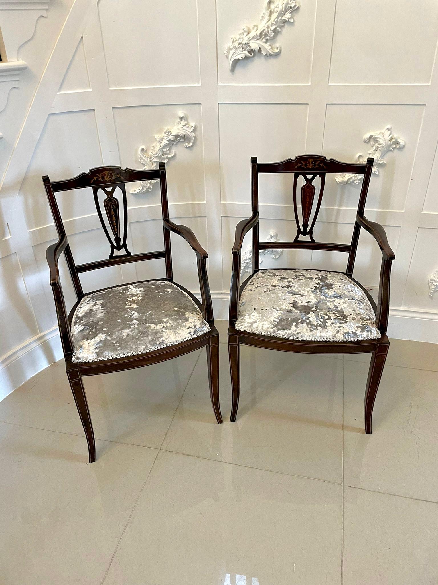 Pair of Antique Edwardian Mahogany Inlaid Armchairs 8