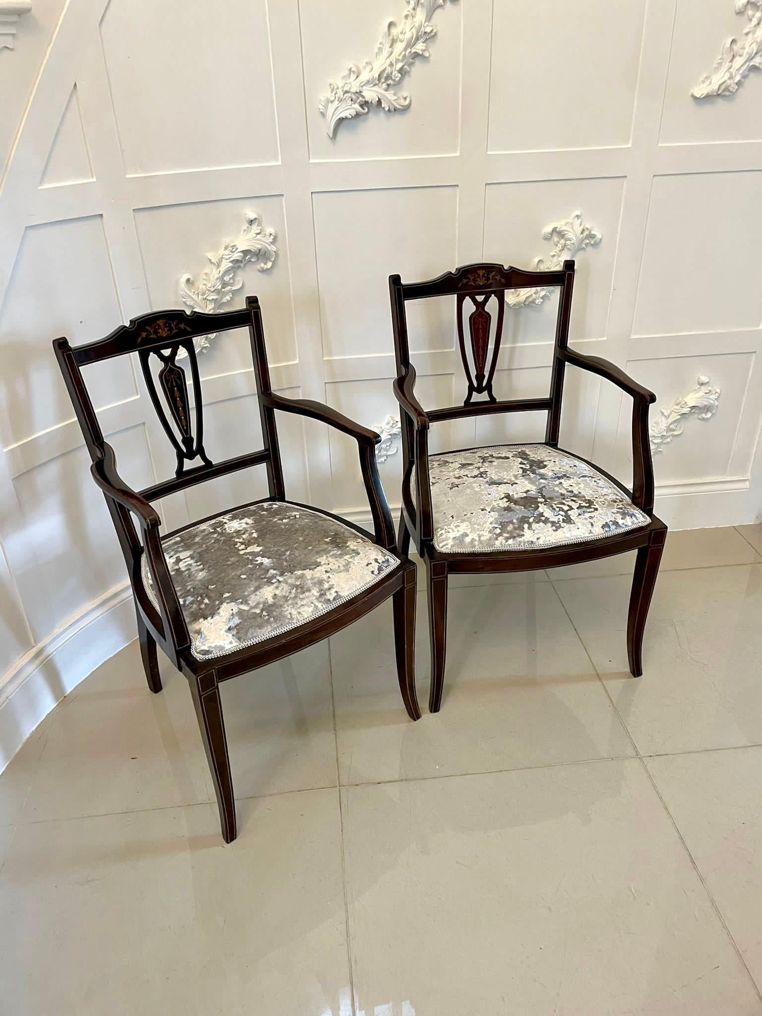 Pair of Antique Edwardian Mahogany Inlaid Armchairs 9