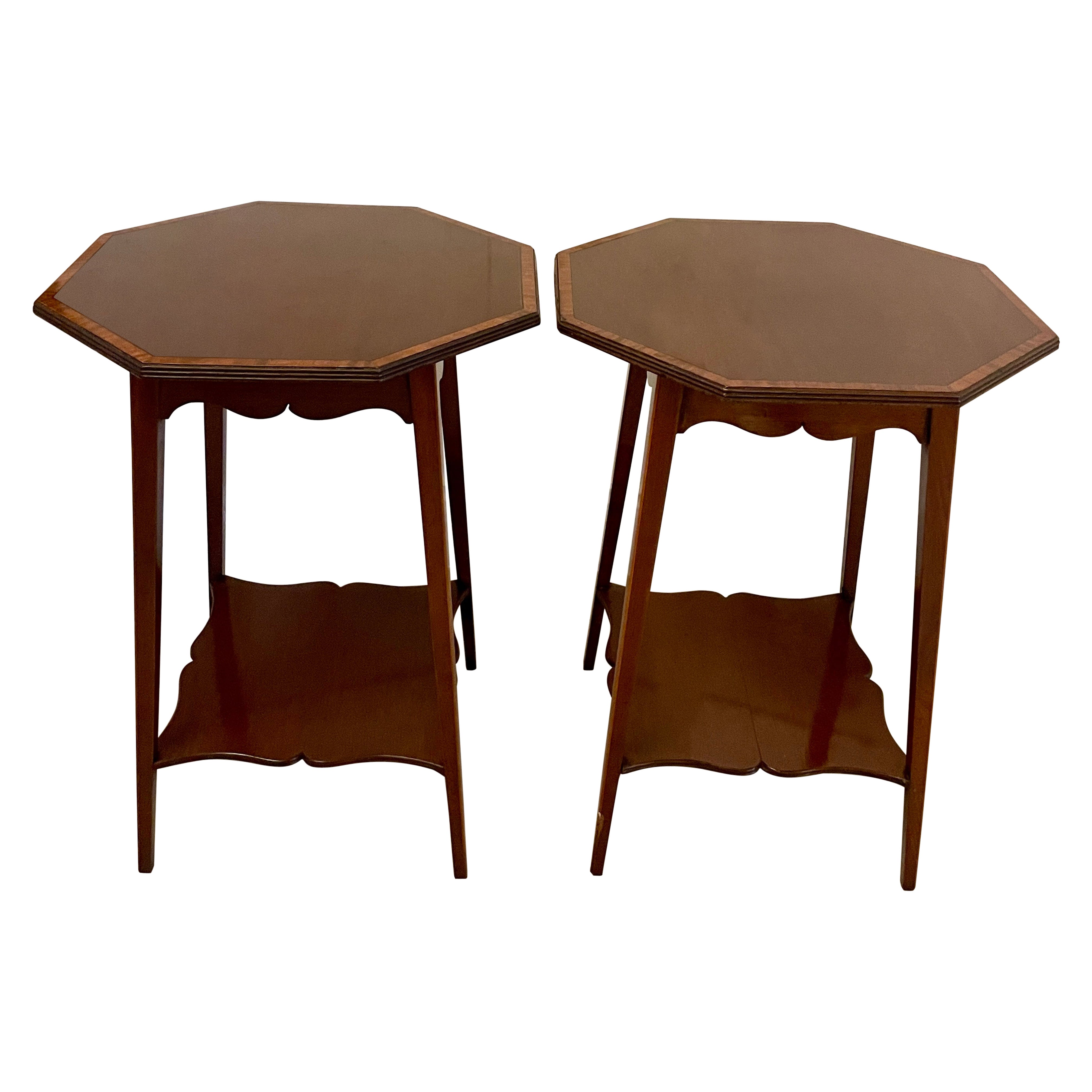 Pair of Antique Edwardian Quality Figured Mahogany Inlaid Lamp Tables