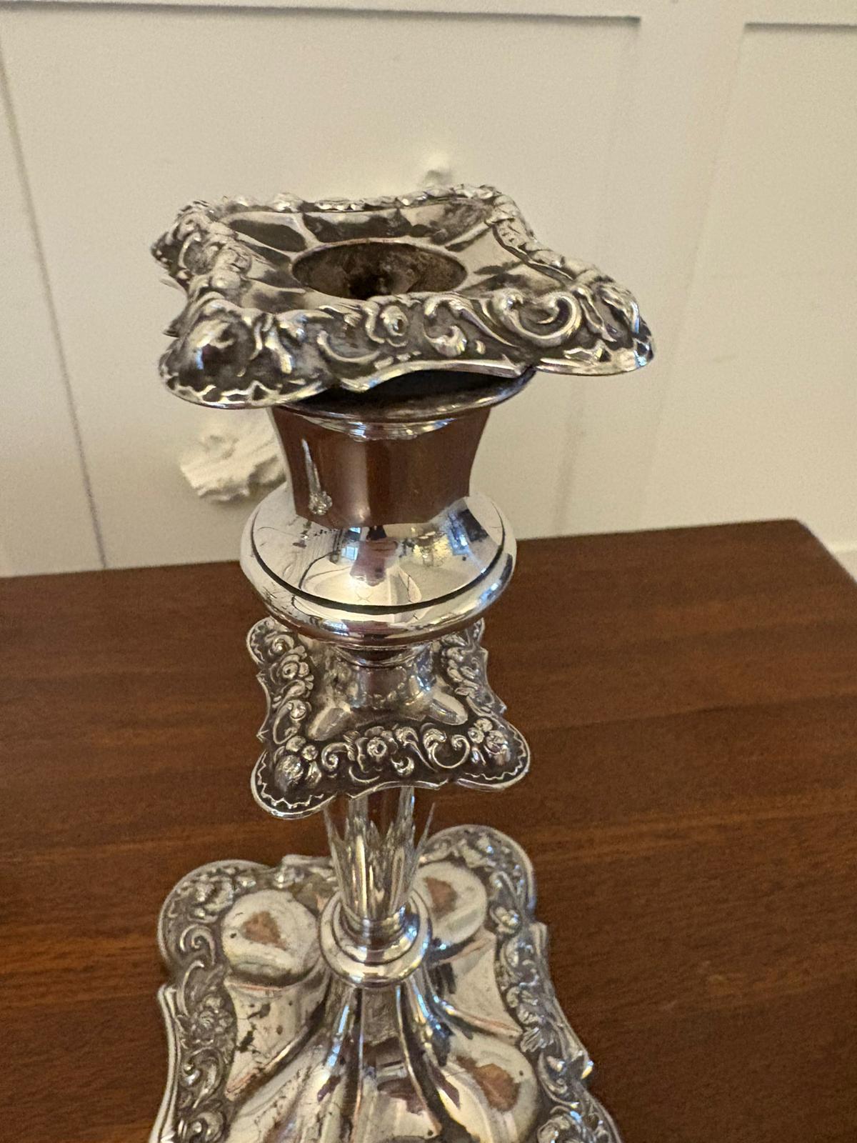 Coppia di antichi candelabri in argento Sheffield di qualità edoardiana con piani rimovibili in argento placcato, colonne affusolate sollevate su basi sagomate e decorate

Una coppia di charme in condizioni incantevoli

Dimensioni:
Altezza 21 cm