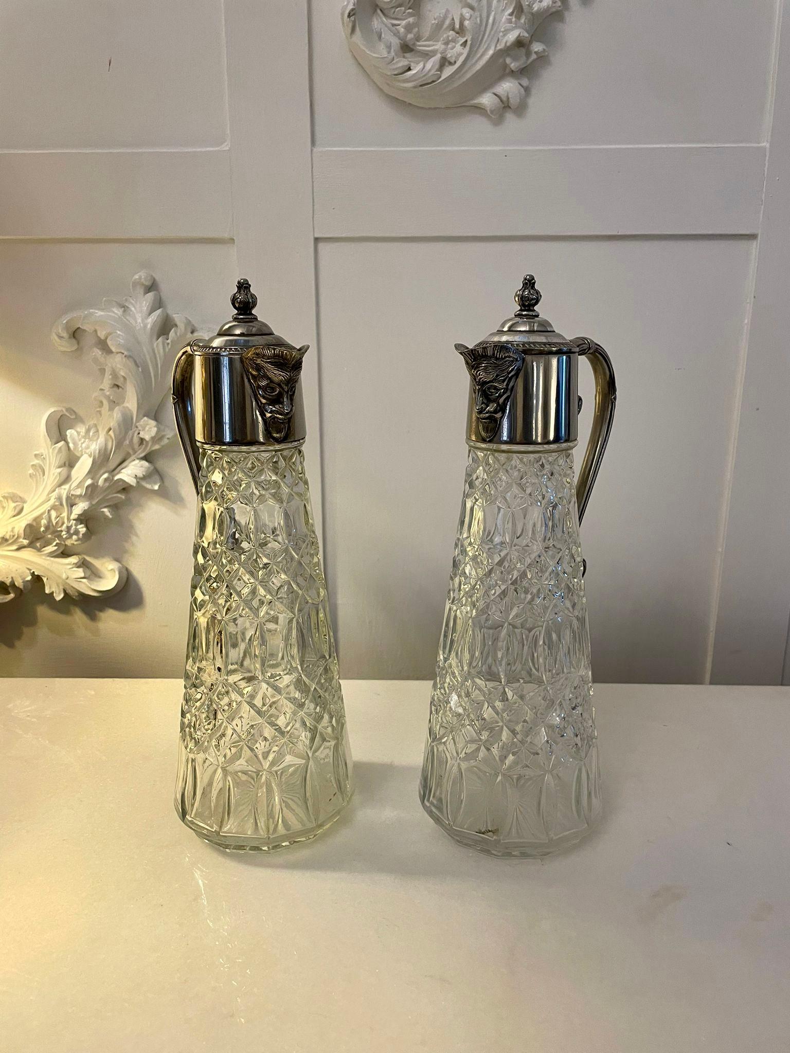 Pair of Antique Edwardian Quality Silver Plated and Cut Glass Claret Jugs For Sale 5