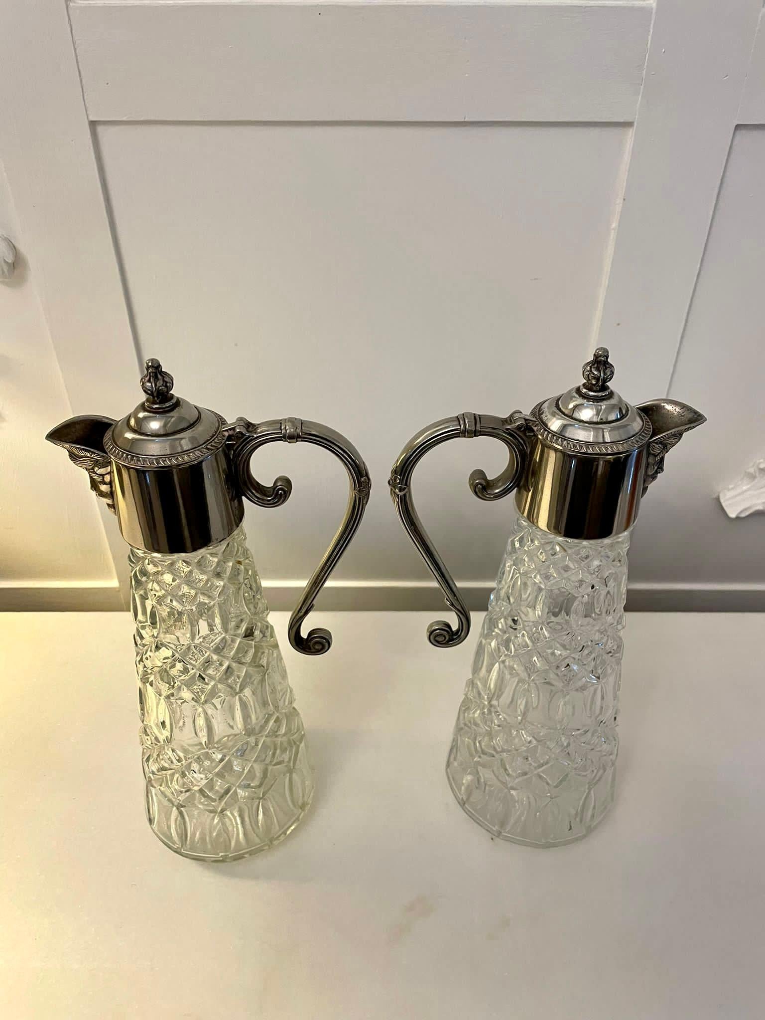 English Pair of Antique Edwardian Quality Silver Plated and Cut Glass Claret Jugs For Sale