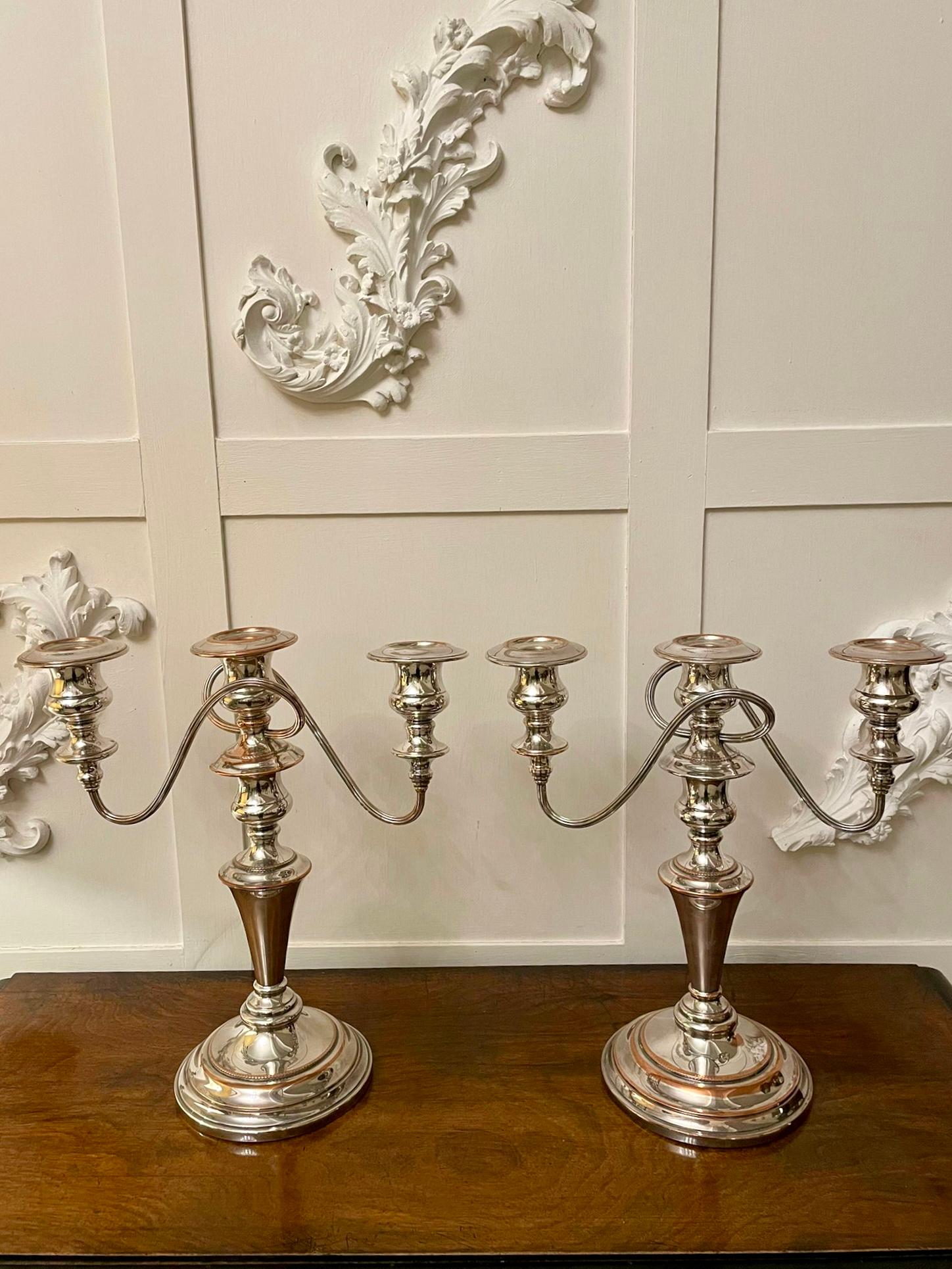Pair of antique Edwardian silver painted candelabra having three light twin branch candelabra tops supported by a turned column on an oval stepped base.

Measures: 31.5 x 29.5 x 15cm 
Date 1920.
 