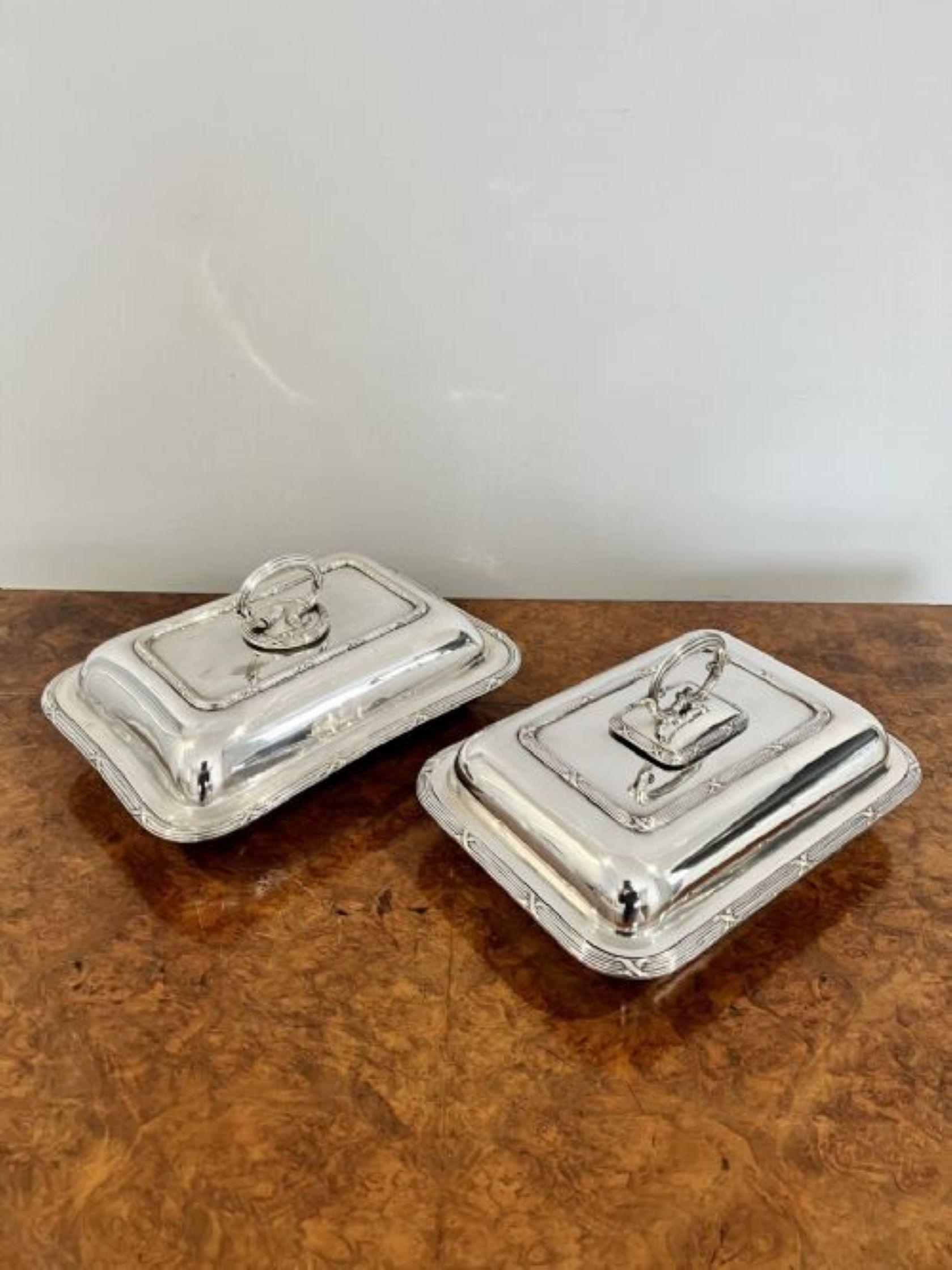 Pair of antique Edwardian silver plated rectangular entree dishes  1