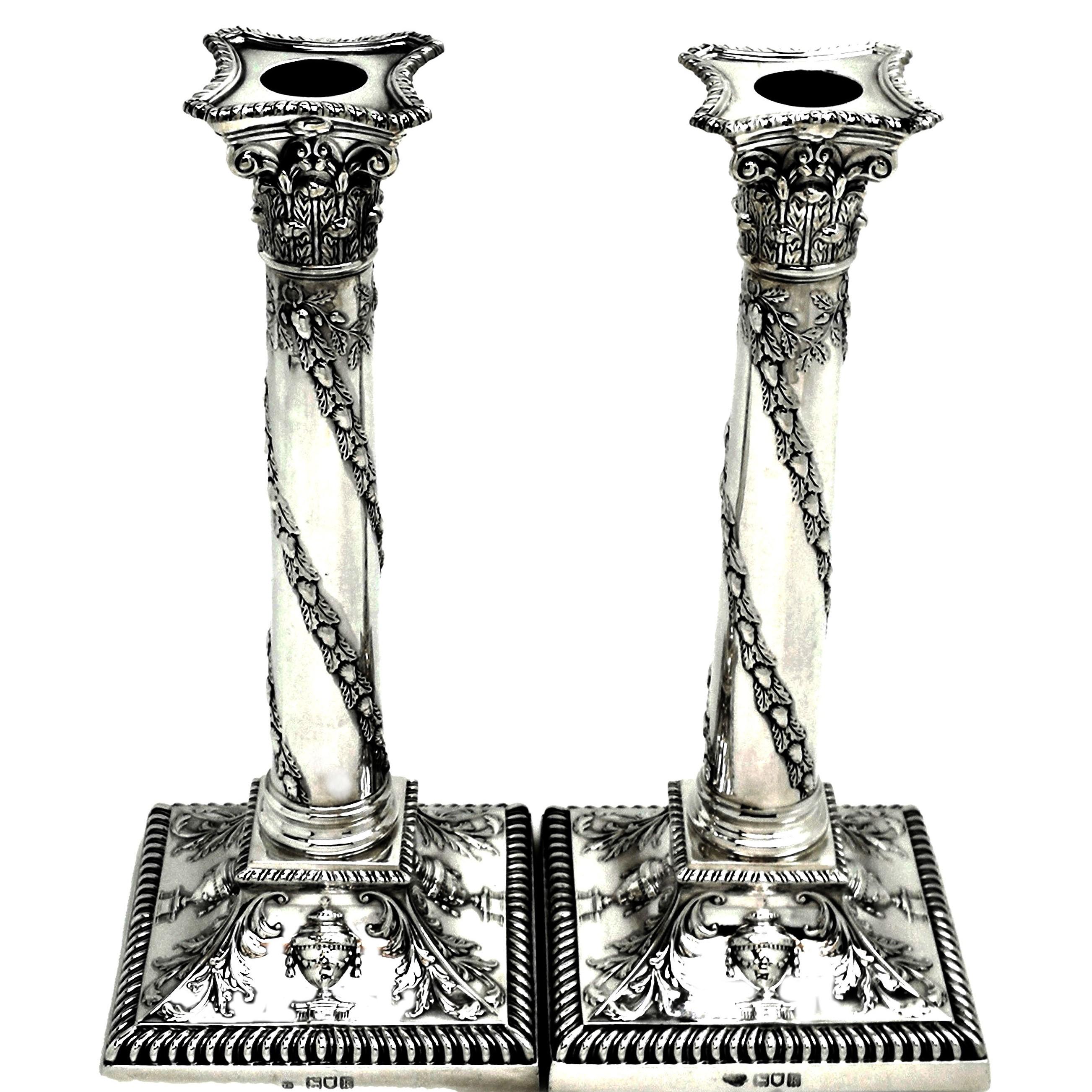 English Pair of Antique Edwardian Sterling Silver Candlesticks, 1905