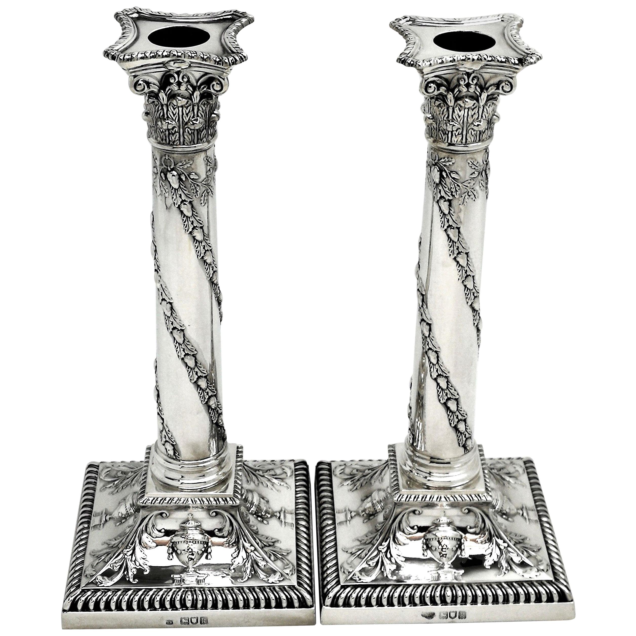 Pair of Antique Edwardian Sterling Silver Candlesticks, 1905