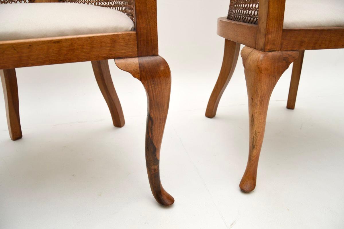Pair of Antique Edwardian Walnut Cane Back Armchairs For Sale 5