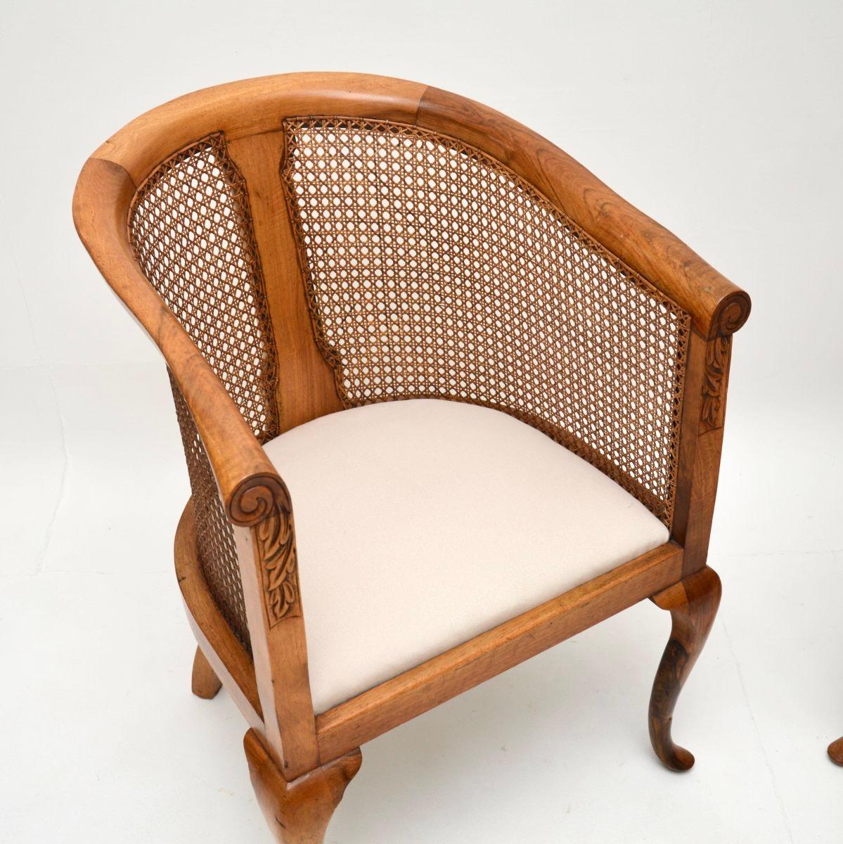 Pair of Antique Edwardian Walnut Cane Back Armchairs For Sale 1