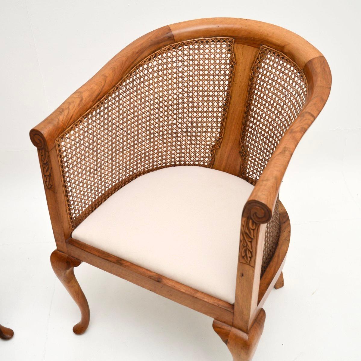 Pair of Antique Edwardian Walnut Cane Back Armchairs For Sale 2