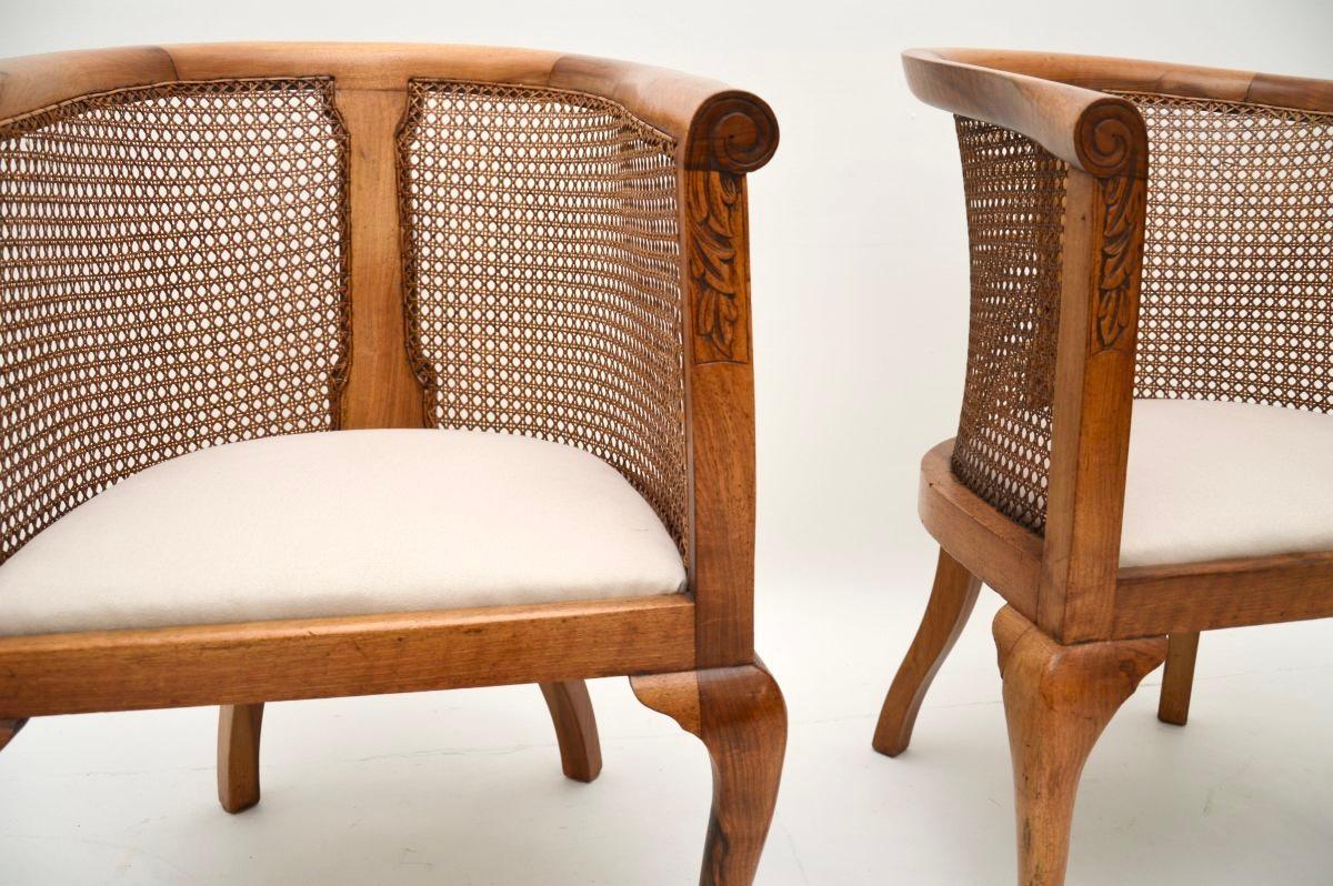 Pair of Antique Edwardian Walnut Cane Back Armchairs For Sale 4