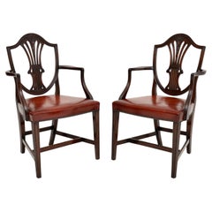 Pair of Antique Edwardian Wood & Leather Carver Armchairs