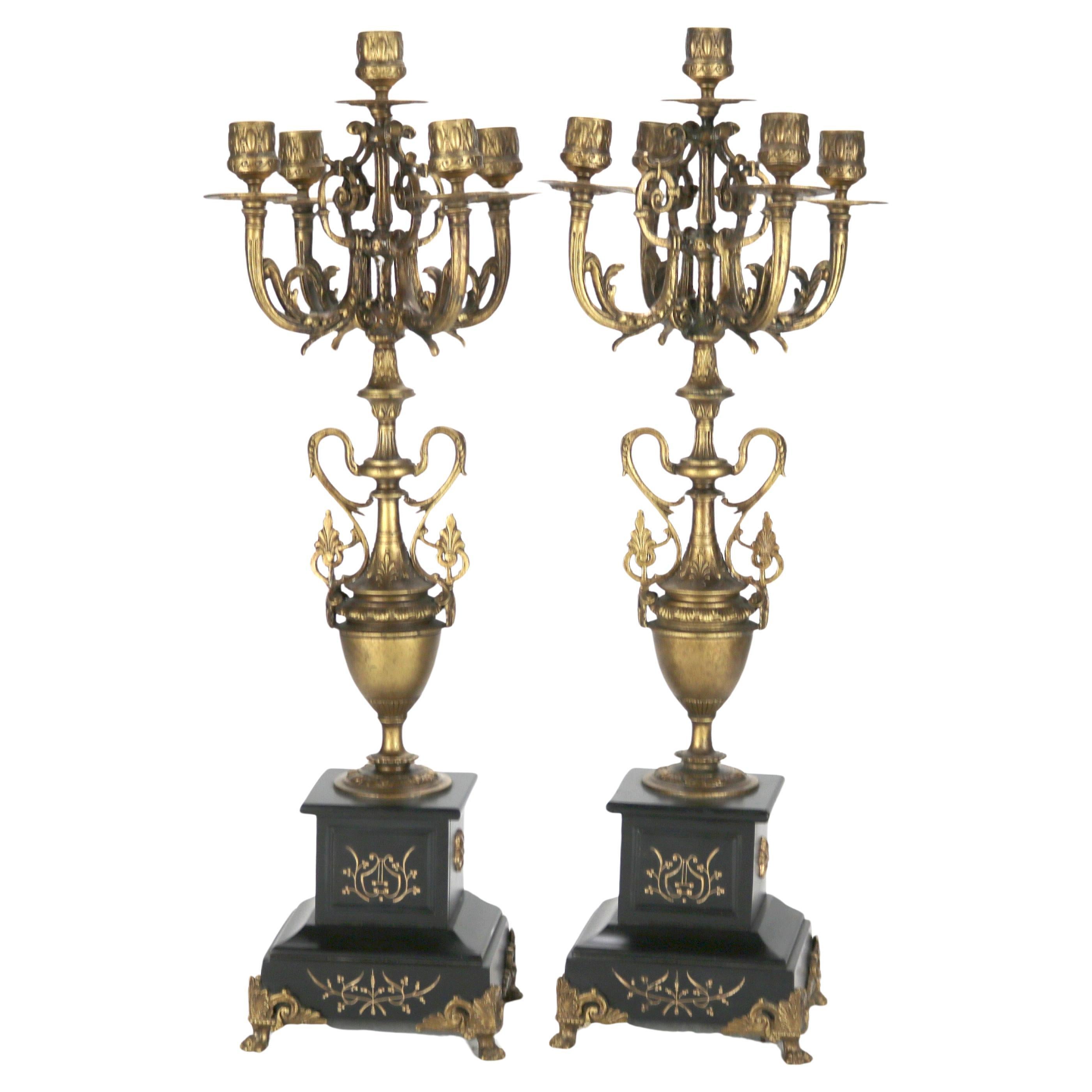 Pair of Antique Egyptian Revival Five Light Candelabras C1890