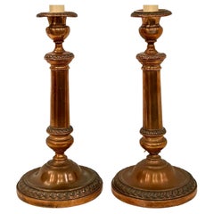 Pair of Antique Electrified Copper Candlestick Lamps