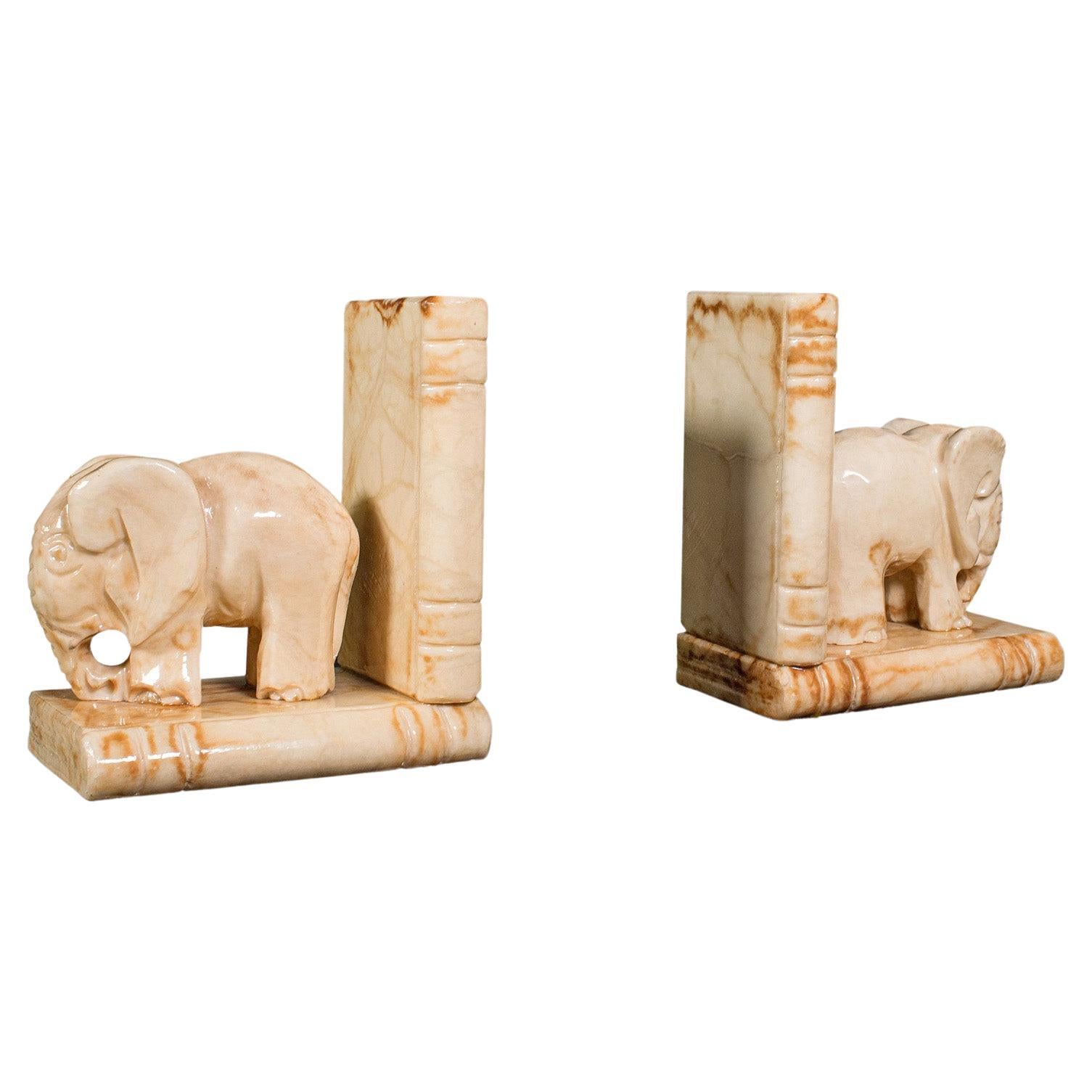 Pair of Antique Elephant Bookends, African, Milk Onyx, Book Rest, Victorian