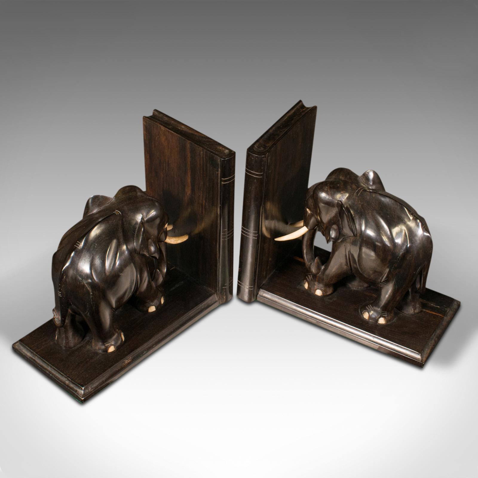 British Pair of Antique Elephant Bookends, Anglo Indian, Ebony, Decorative, Book Rest For Sale