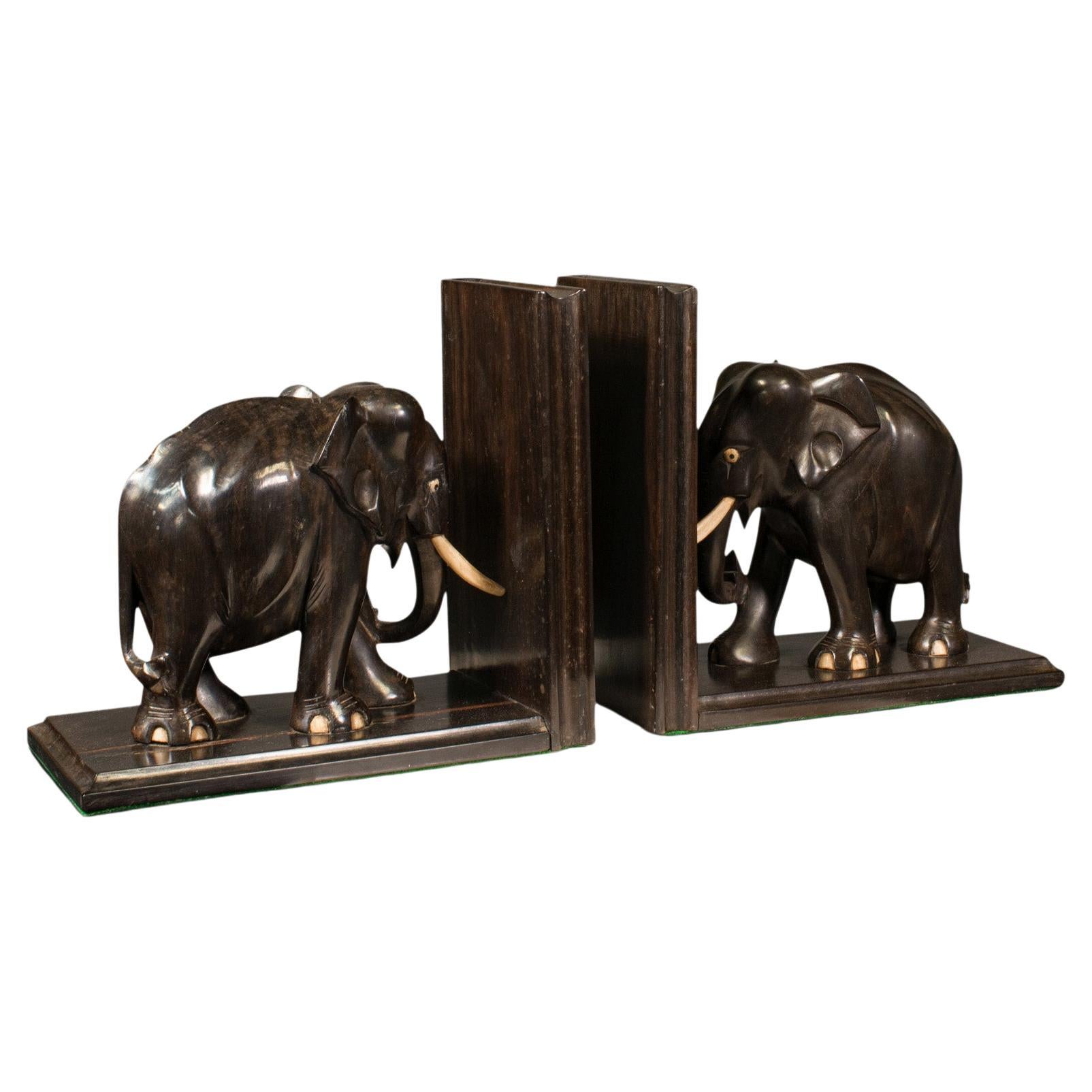 Pair of Antique Elephant Bookends, Anglo Indian, Ebony, Decorative, Book Rest
