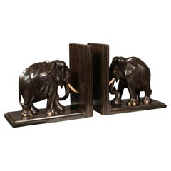 Coppia di fermalibri antichi a forma di elefante, anglo-indiano, ebano, decorativo, poggia libri