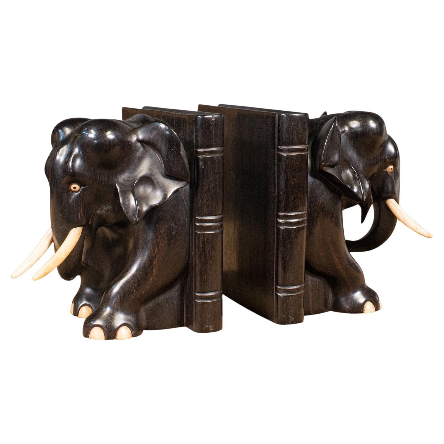 Paar antike Elefanten-Buchstützen, englisch, Ebenholz, geschnitzt, Bücherregal, viktorianisch