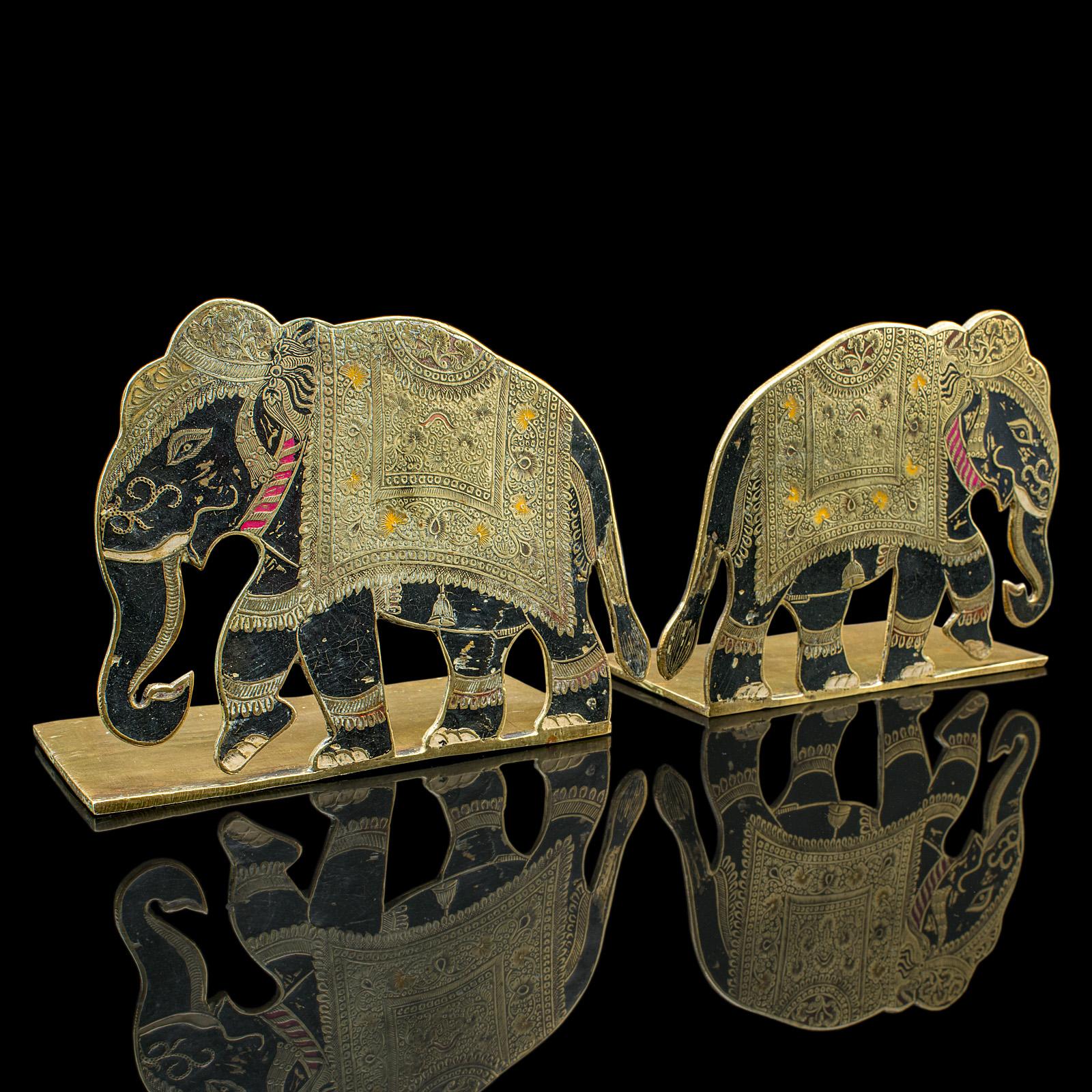 Anglo-Indian Pair of Antique Elephant Bookends, Indian Brass Decorative Book Rests, Victorian For Sale