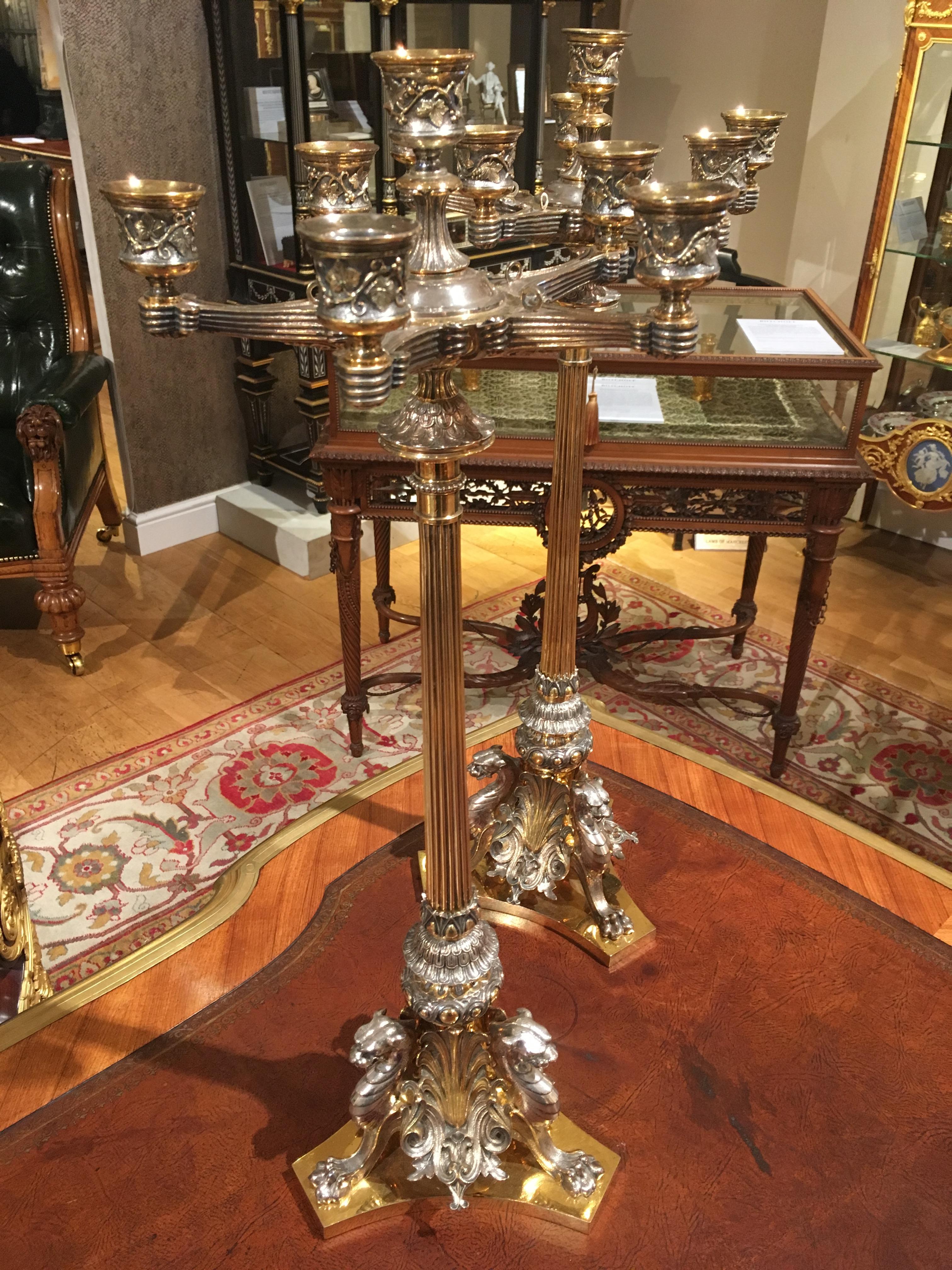 English Pair of Antique Elkington & Co Plated and Parcel Gilt Candelabra For Sale