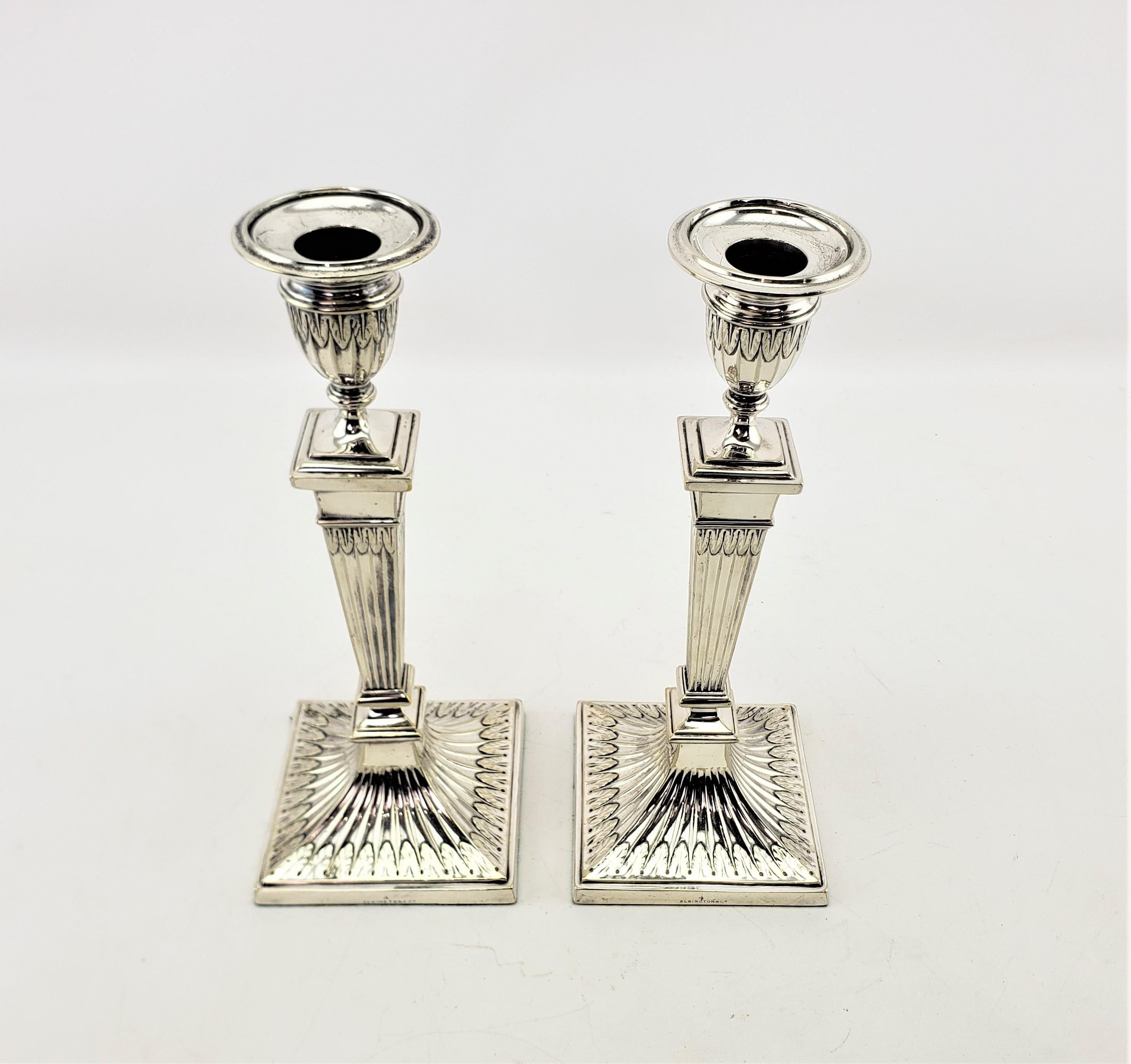 Pair of Antique Elkington Silver Plated Column Candlesticks with Leaf Decoration For Sale 3