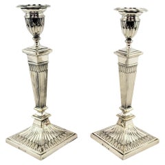 Pair of Antique Elkington Silver Plated Column Candlesticks with Leaf Decoration