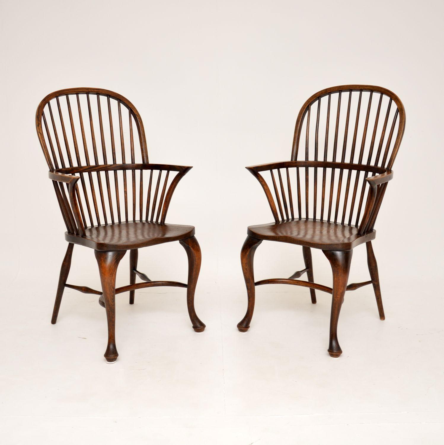 A lovely pair of original period solid elm & oak Windsor armchairs. They were made in England, and I would date them from around the 1850’s period. However – I’m no expert on country furniture, so they could be older.

The quality is amazing, with