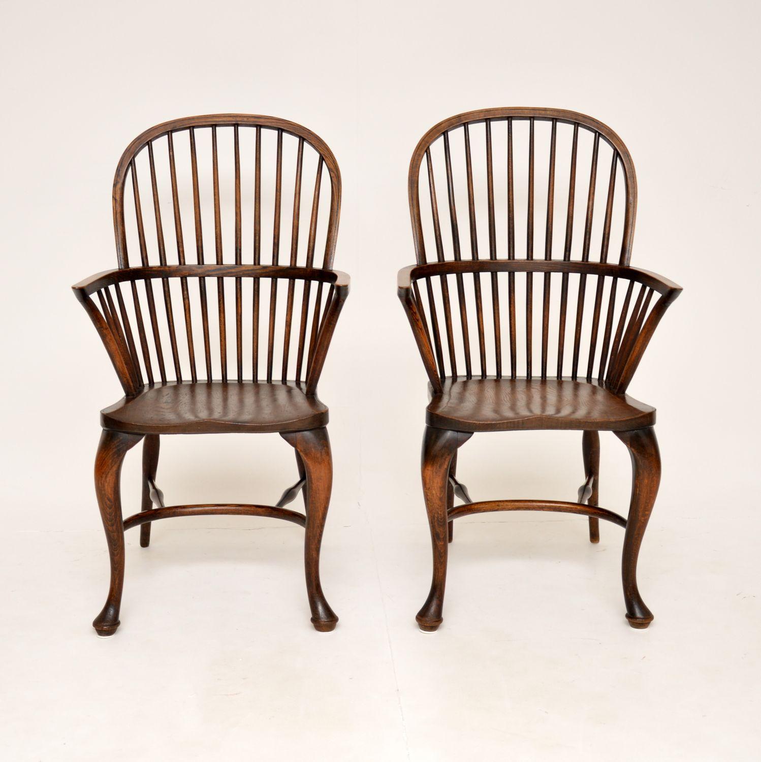Georgian Pair of Antique Elm & Oak Windsor Armchairs