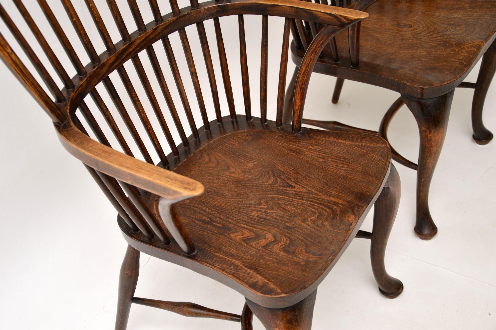 19th Century Pair of Antique Elm & Oak Windsor Armchairs