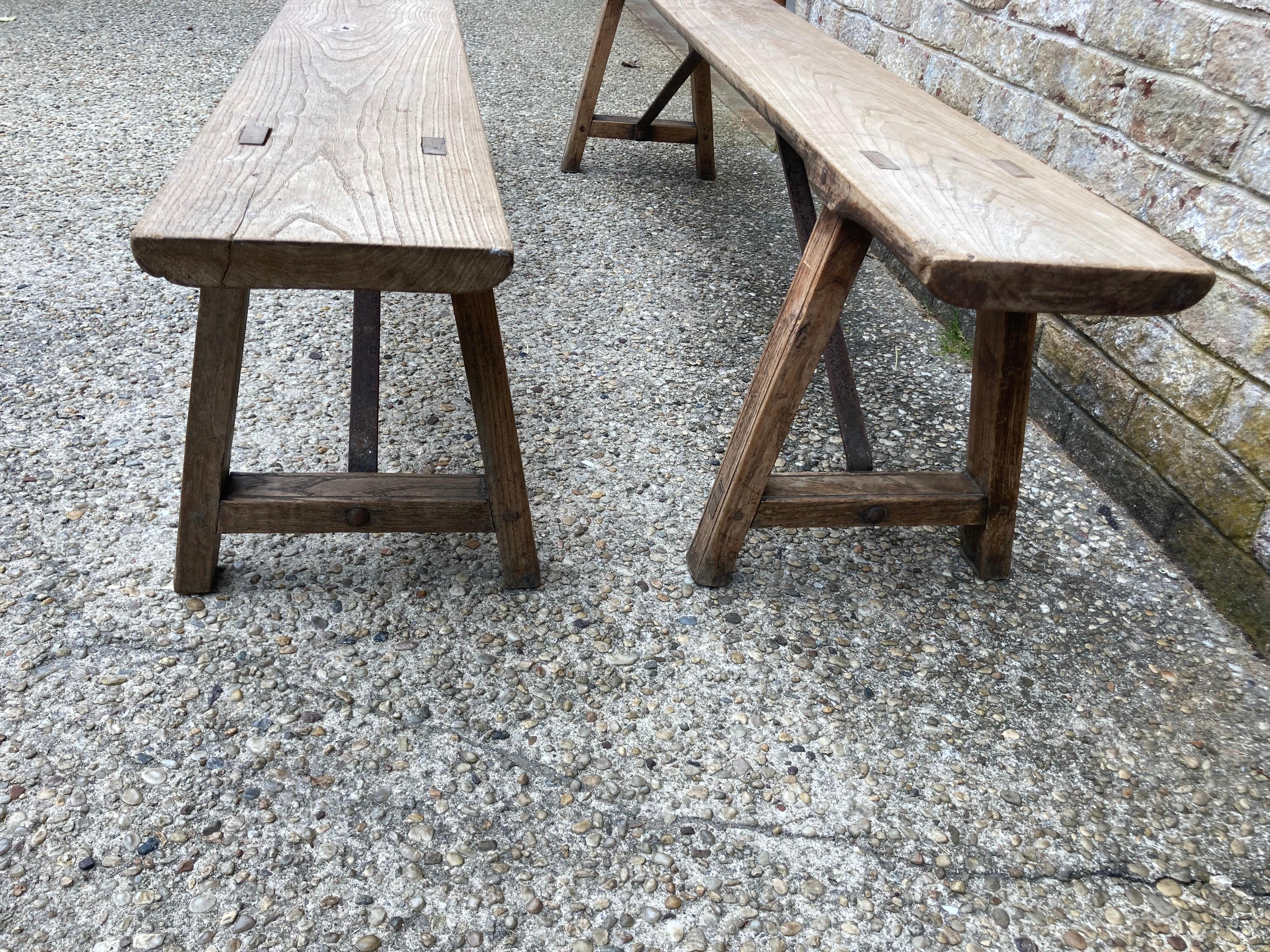 Pair of Antique Elmwood Benches In Good Condition In East Hampton, NY