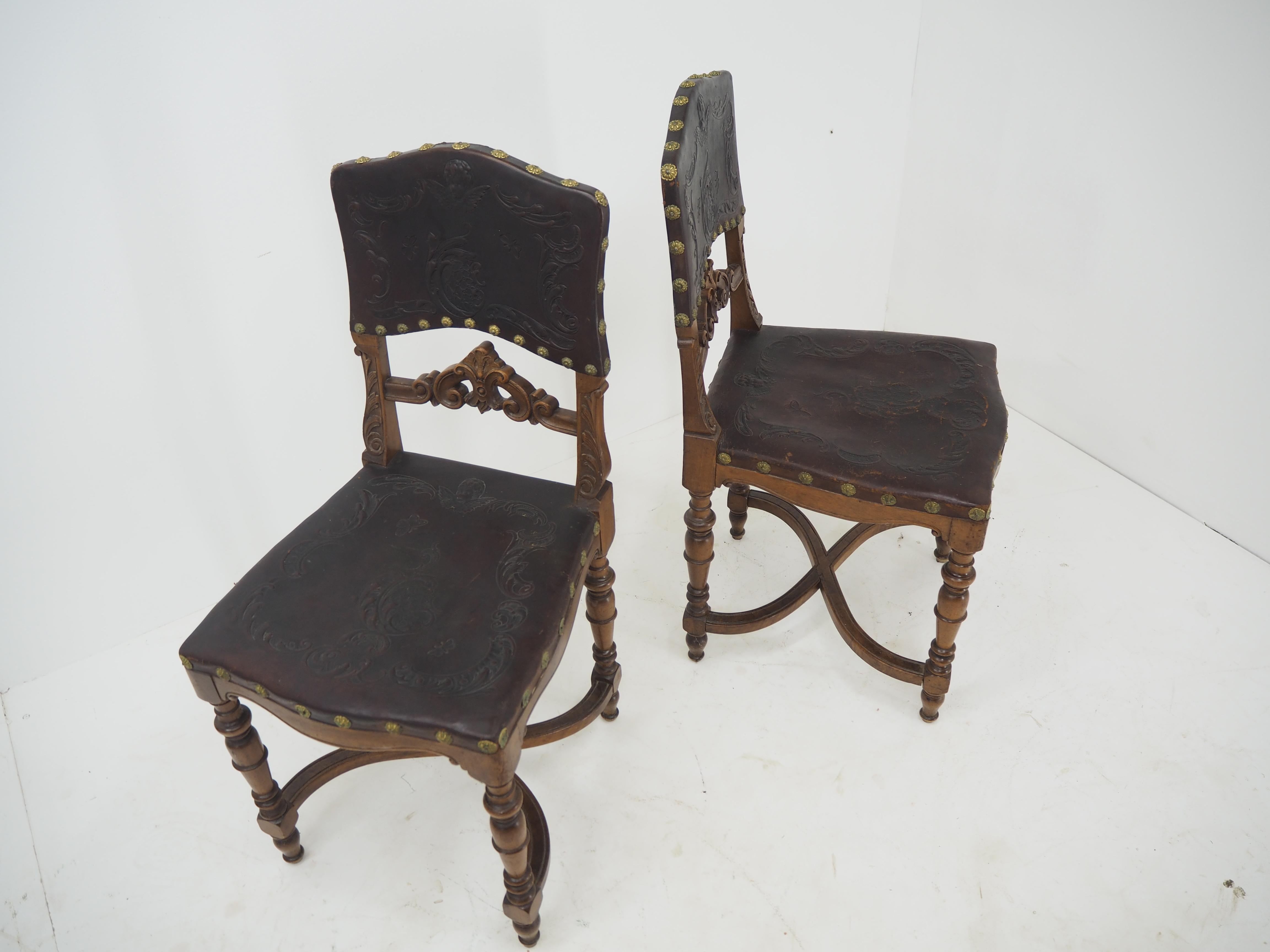 Pair of Antique Embossed Leather Chairs 11