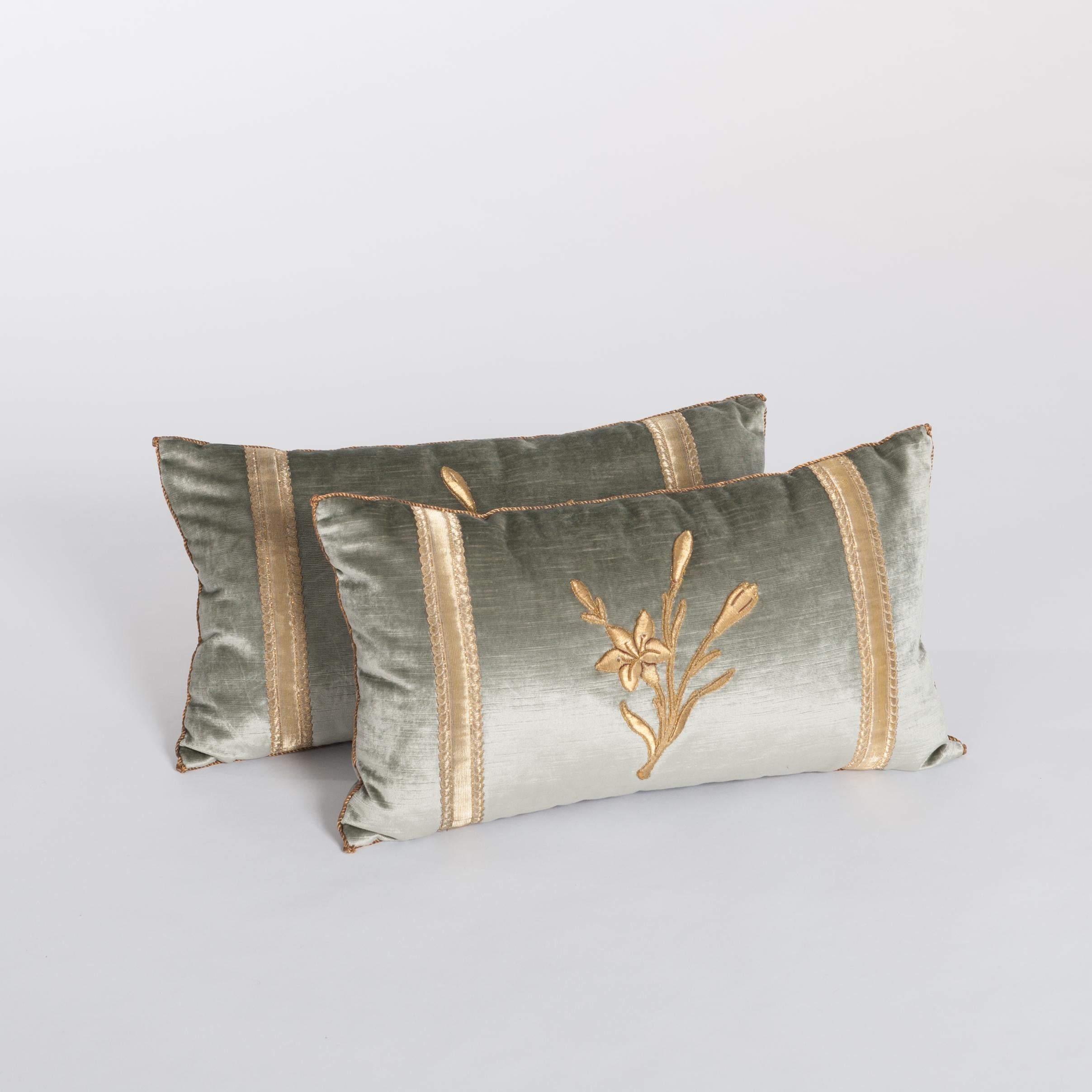 Romantic Pair of Pastel Green Colored Velvet Pillows with Antique Metallic Embroidery  For Sale