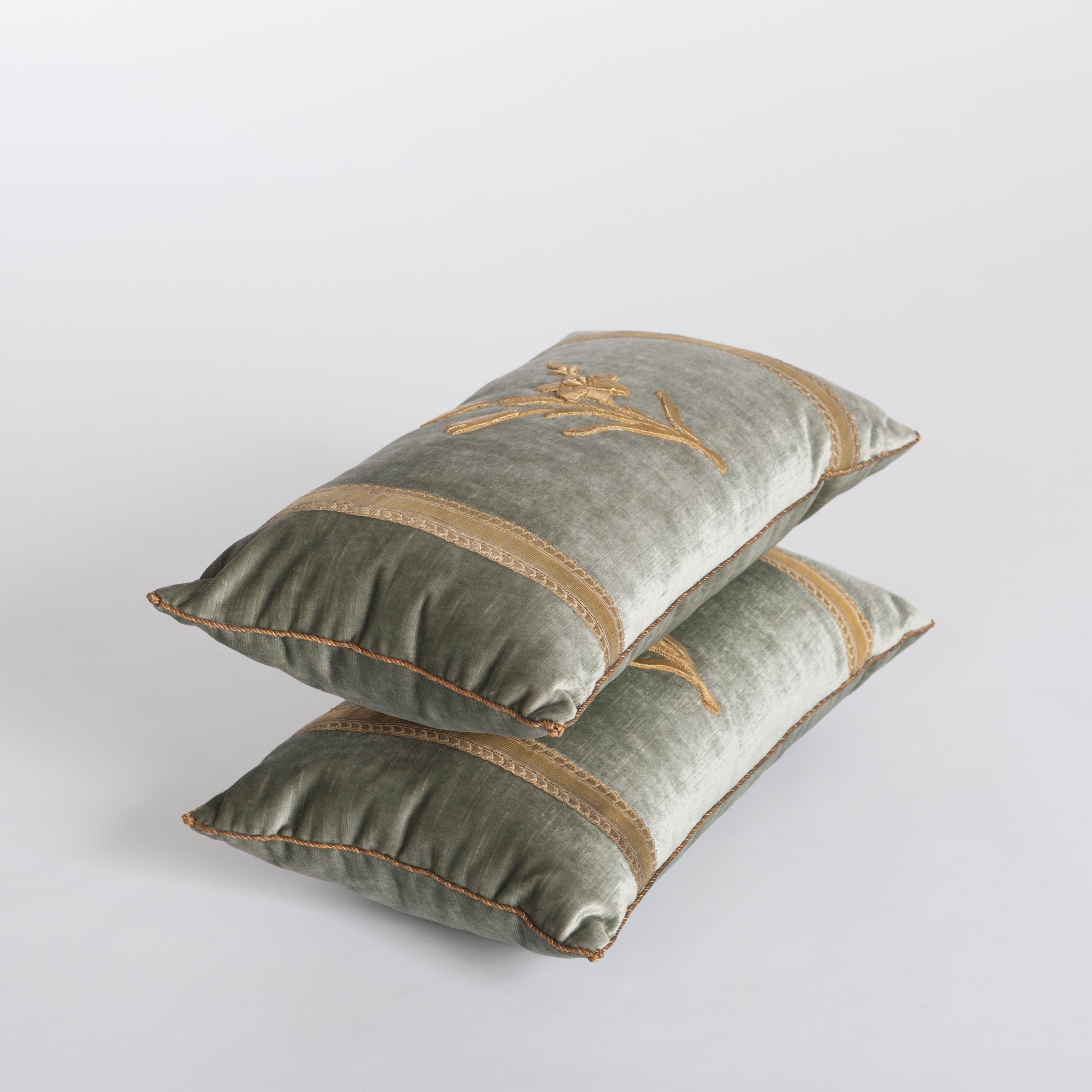 French Pair of Pastel Green Colored Velvet Pillows with Antique Metallic Embroidery  For Sale