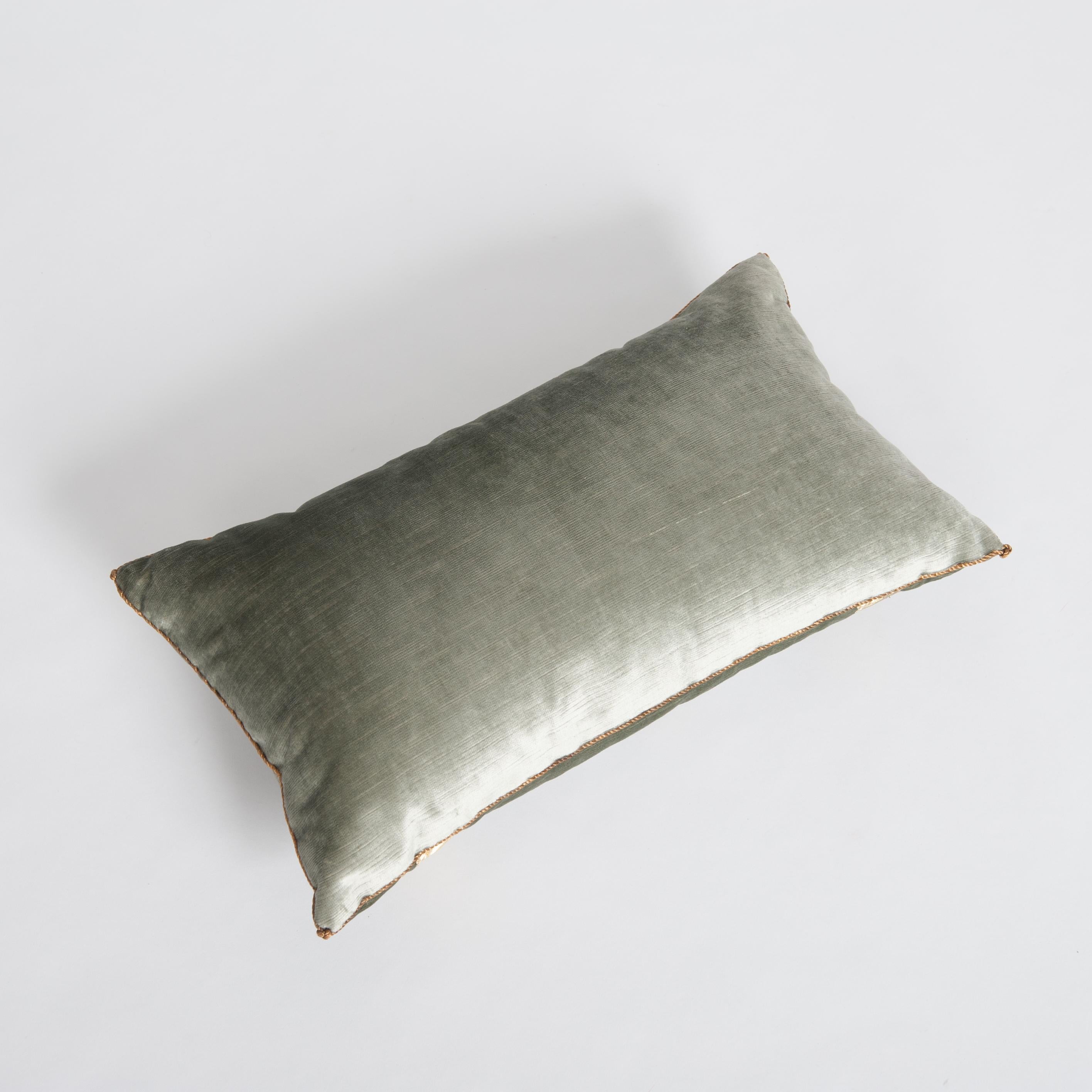 Metallic Thread Pair of Pastel Green Colored Velvet Pillows with Antique Metallic Embroidery For Sale