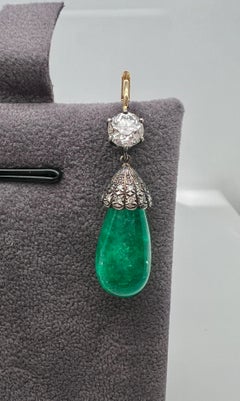 Pair of Antique Emerald Diamond 18k Gold and Silver Earrings