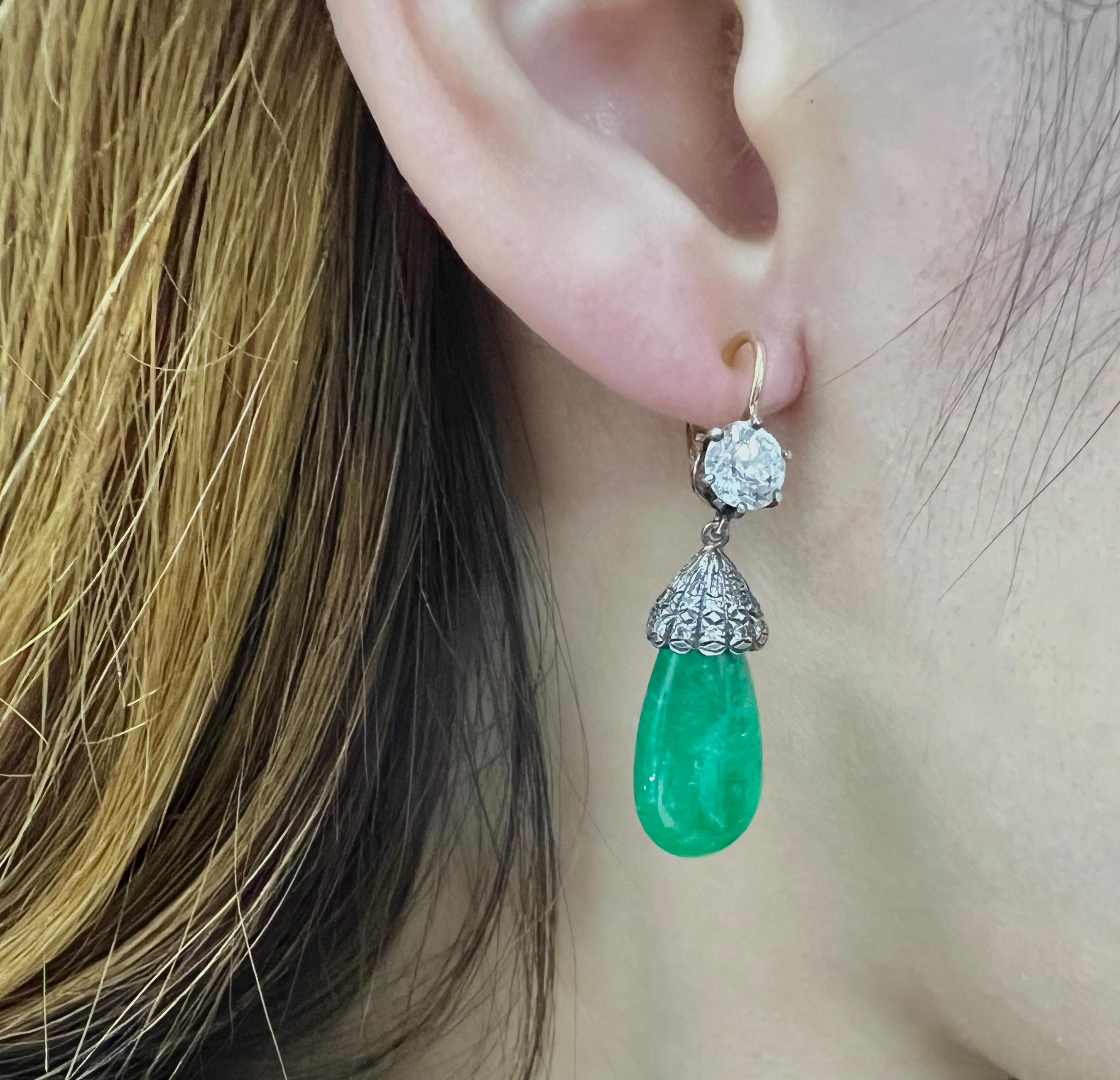 Coppia di orecchini antichi con smeraldo e diamante in oro e argento 18k in vendita 1