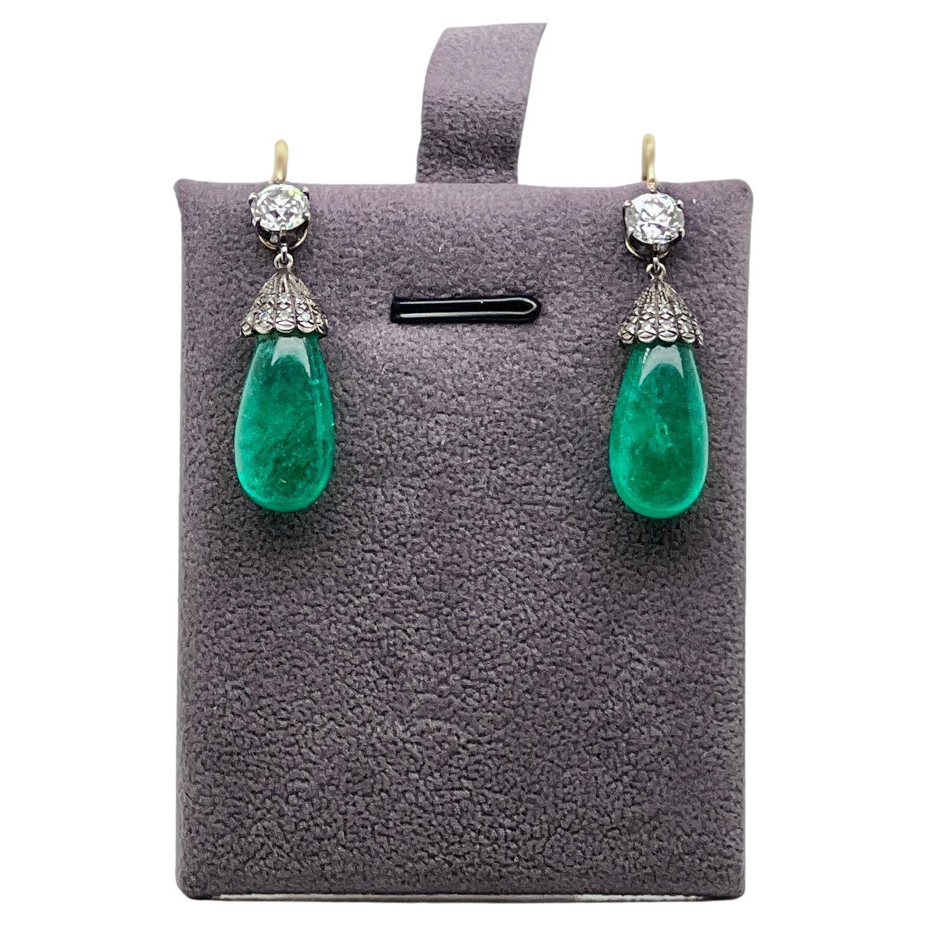 Pair of Antique Emerald Diamond 18k Gold and Silver Earrings