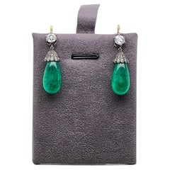 Pair of Antique Emerald Diamond 18k Gold and Silver Earrings