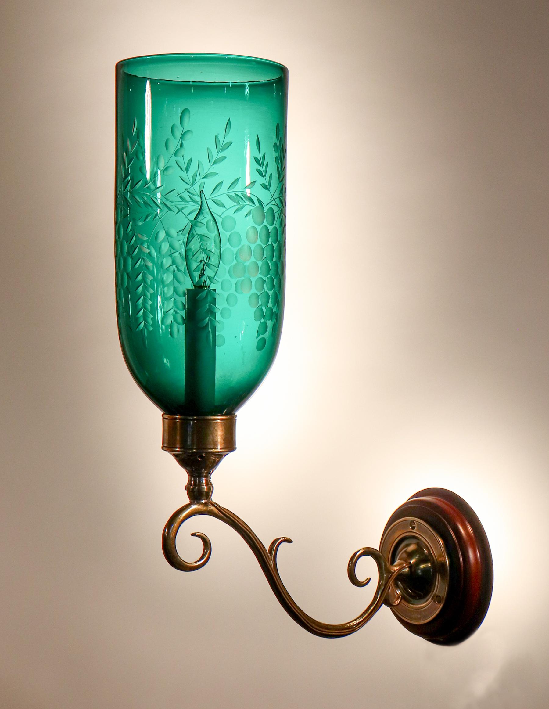 Victorian Pair of Antique Emerald Green Hurricane Shade Wall Sconces