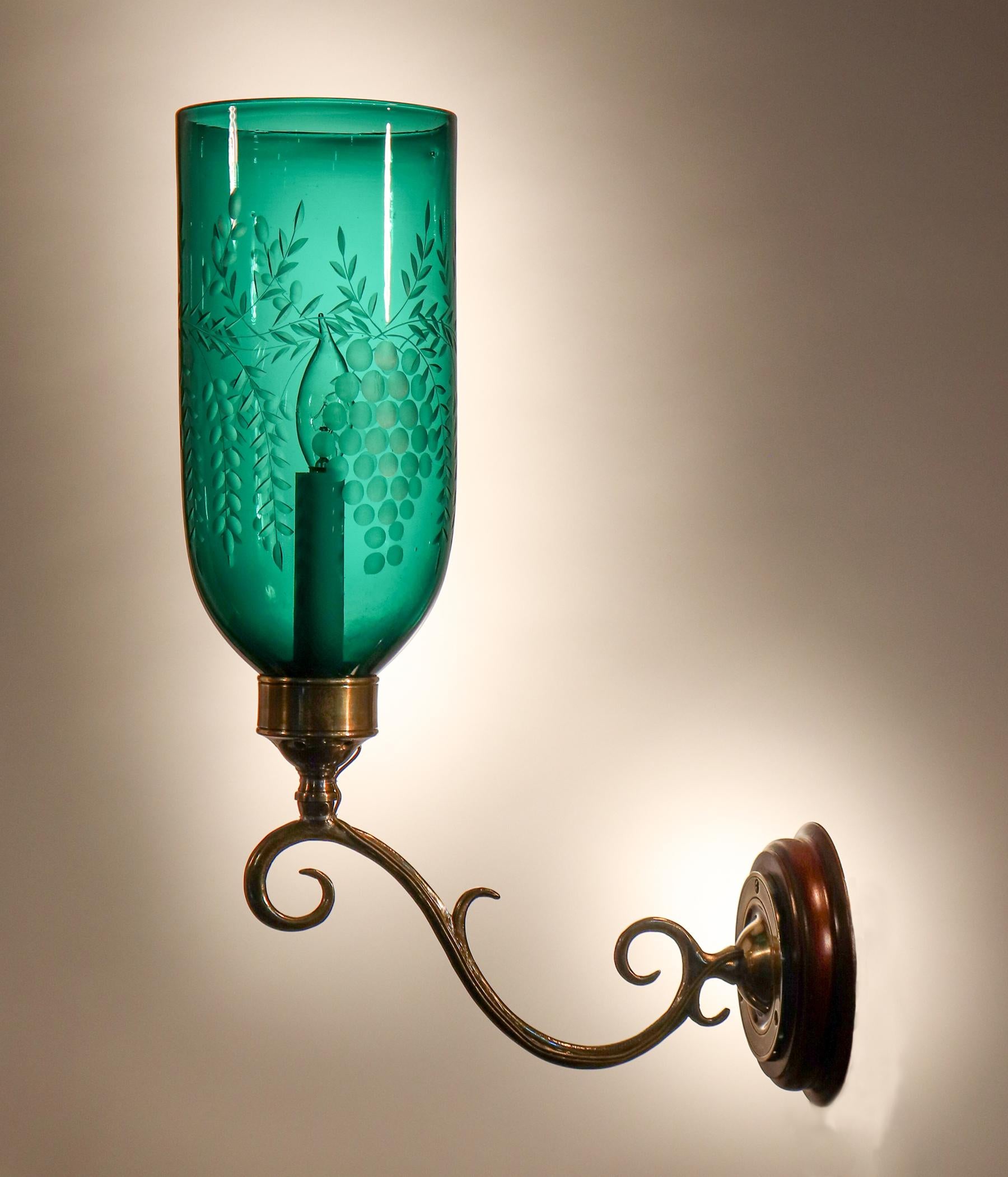 English Pair of Antique Emerald Green Hurricane Shade Wall Sconces