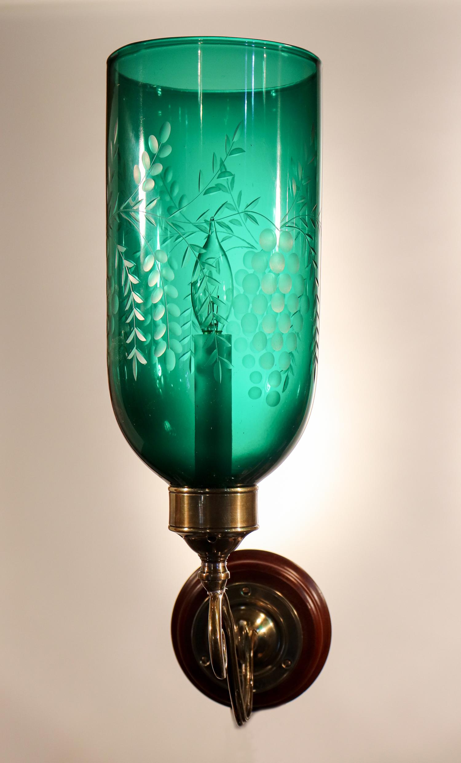 Pair of Antique Emerald Green Hurricane Shade Wall Sconces In Good Condition In Heath, MA