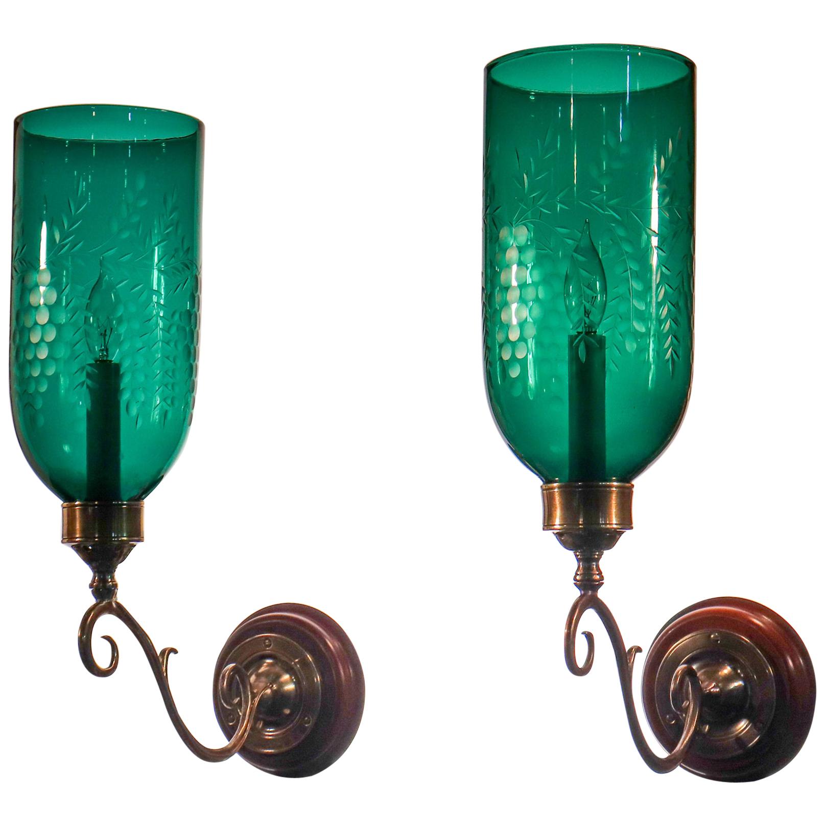Pair of Antique Emerald Green Hurricane Shade Wall Sconces