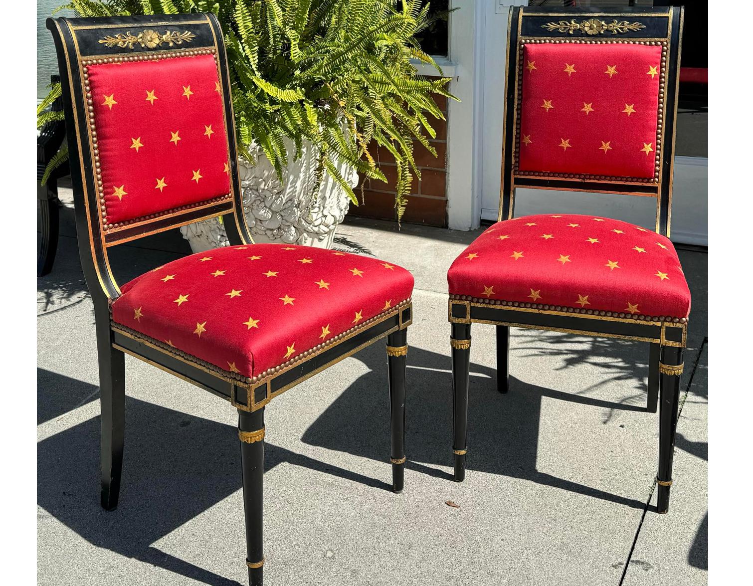 French Pair of Antique Empire Black & Gold Chairs W Red Clarence House Seats For Sale
