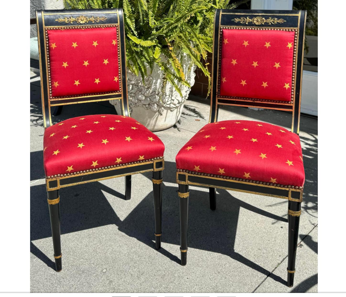 Pair of Antique Empire Black & Gold Chairs W Red Clarence House Seats In Good Condition For Sale In LOS ANGELES, CA