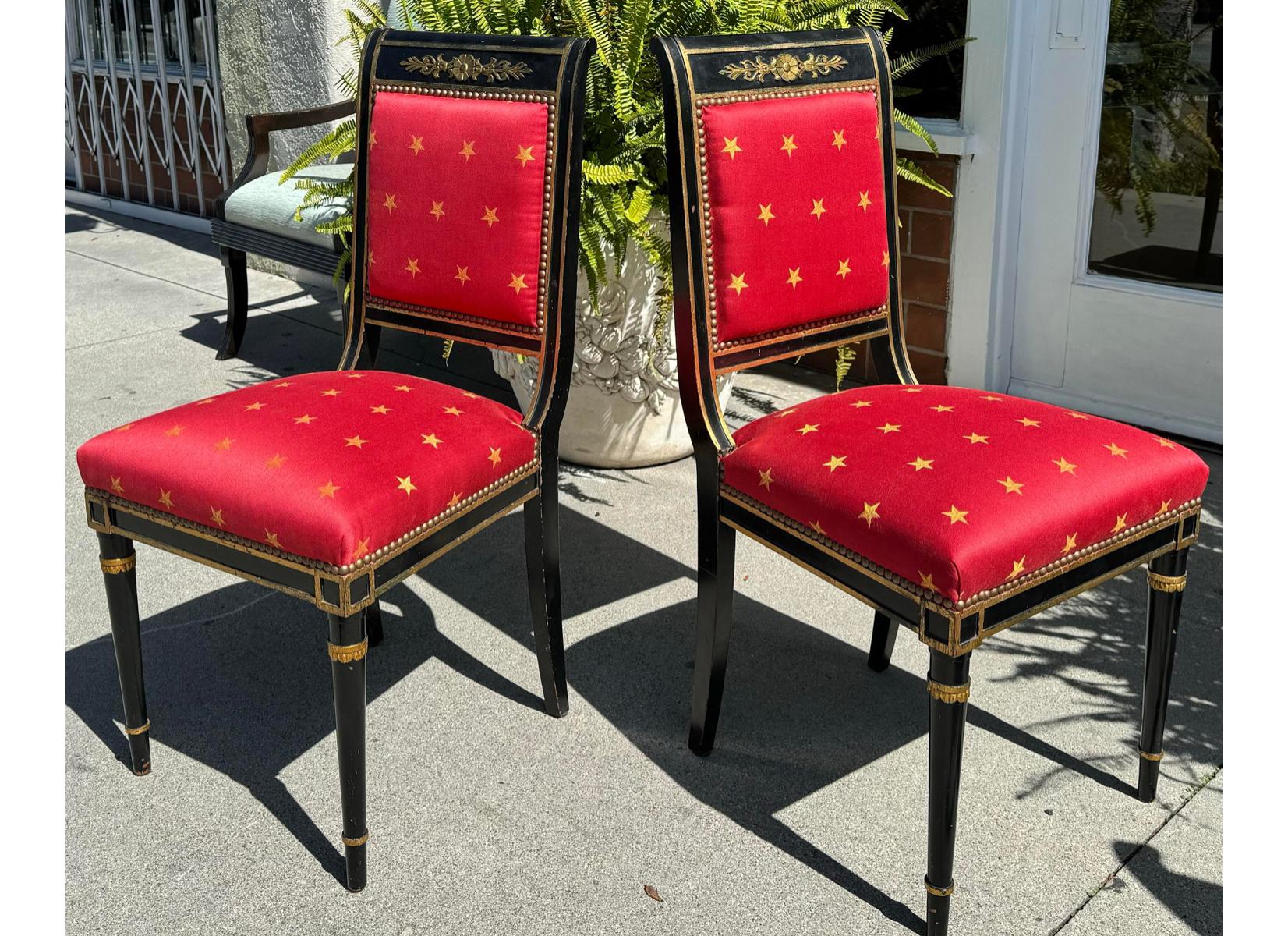 19th Century Pair of Antique Empire Black & Gold Chairs W Red Clarence House Seats For Sale
