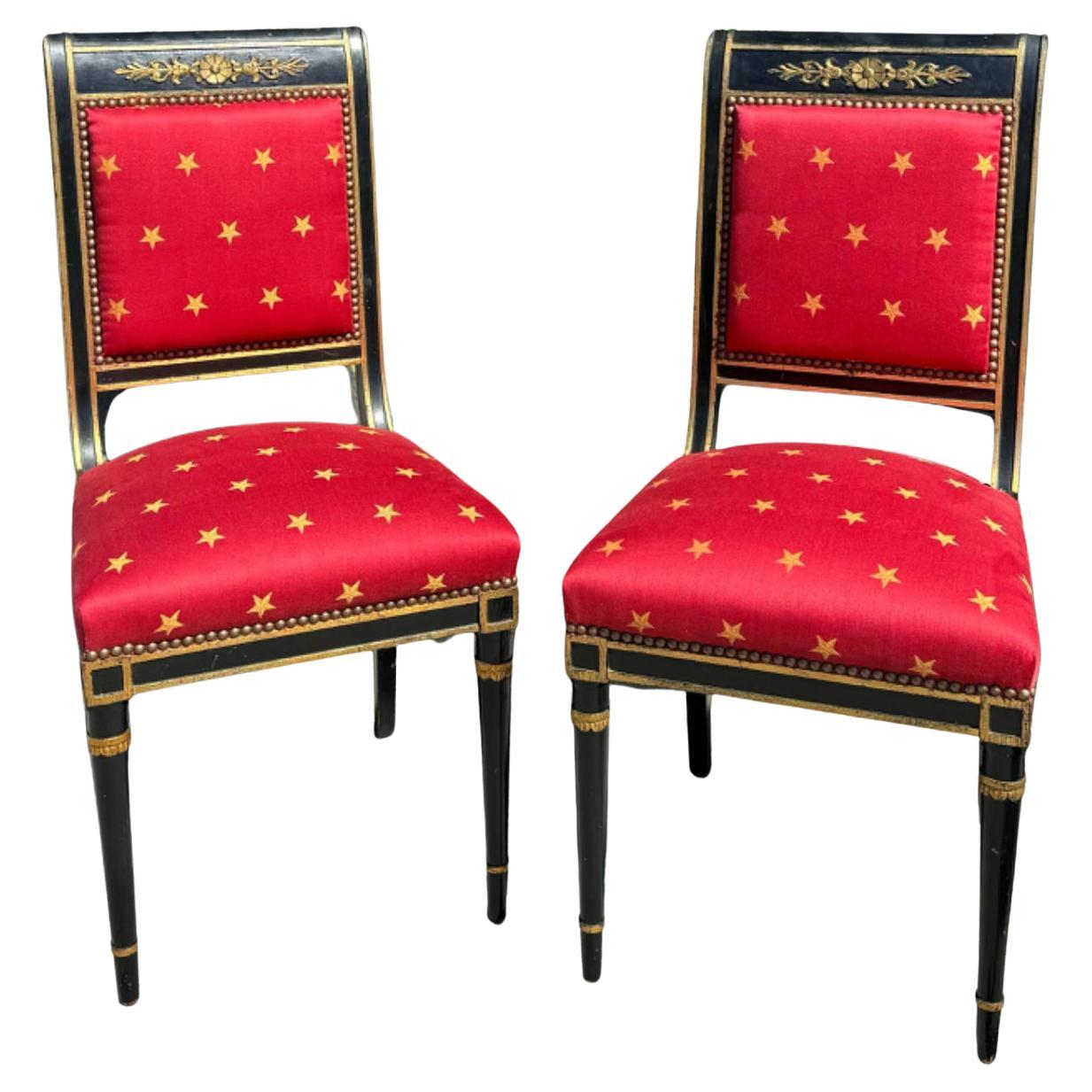 Pair of Antique Empire Black & Gold Chairs W Red Clarence House Seats For Sale